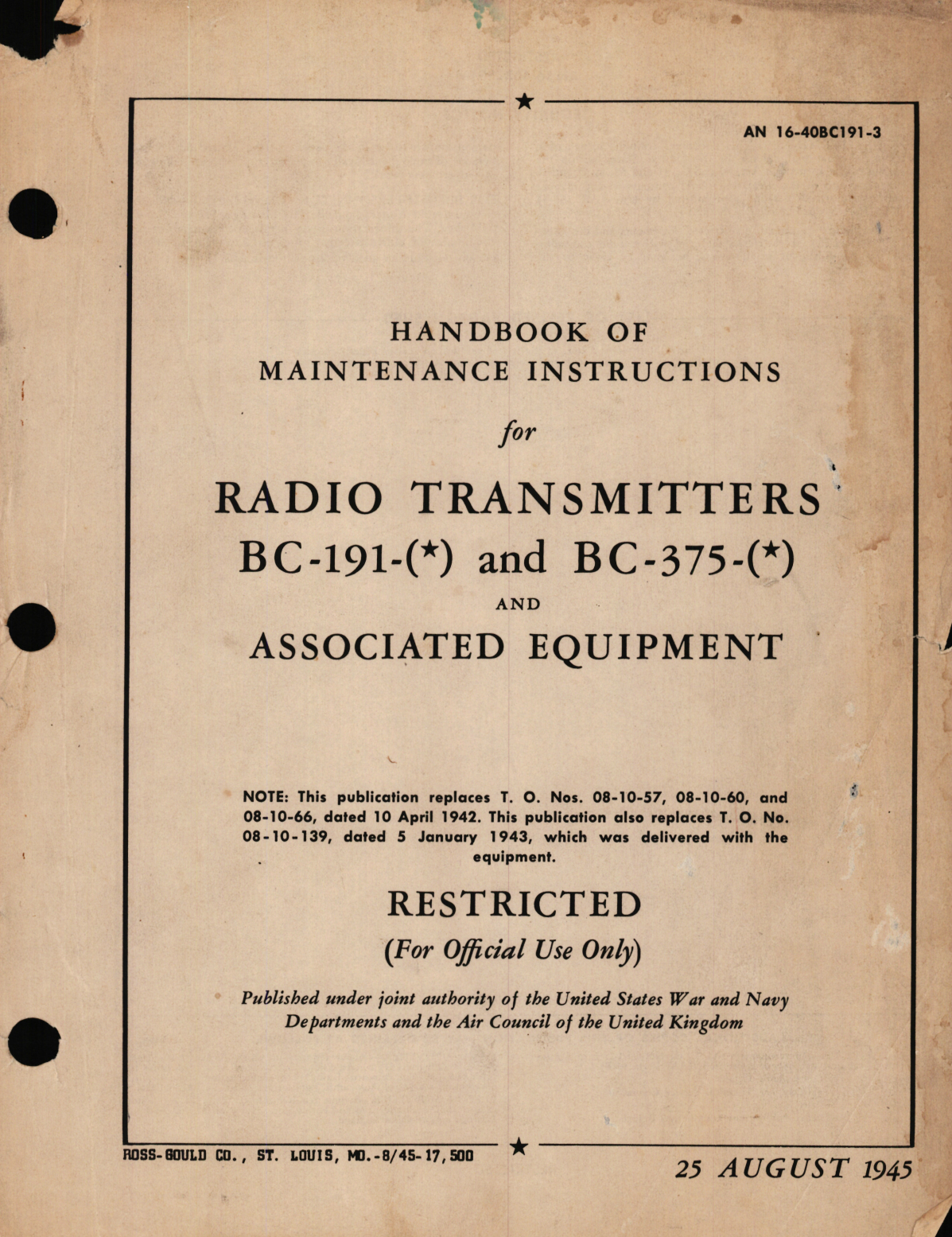 Sample page 1 from AirCorps Library document: Maintenance Instructions for Radio Transmitters BC-191-() and BC-375-() and Associated Equipment