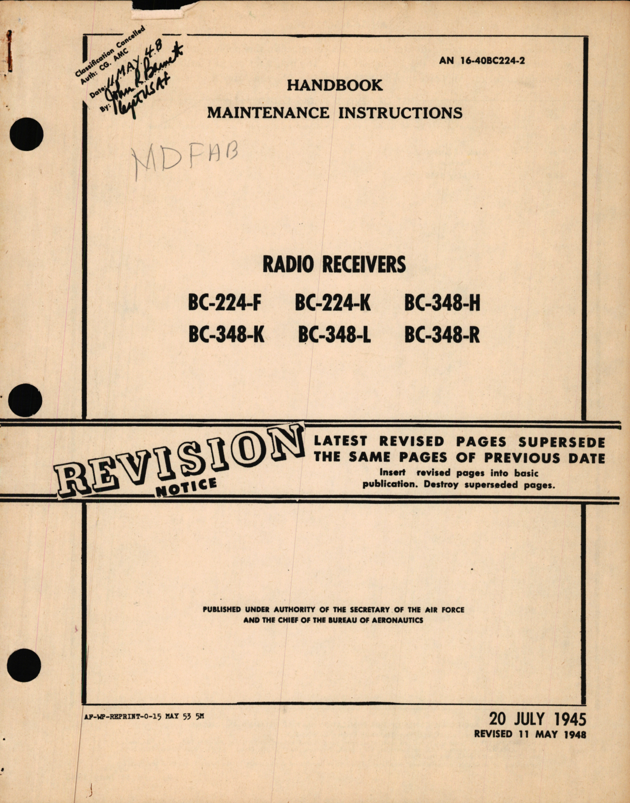 Sample page 1 from AirCorps Library document: Maintenance Instructions for Radio Receivers BC-224-F, BC-224-K, BC-348-H, BC-348-K, BC-348-L, BC-348-R