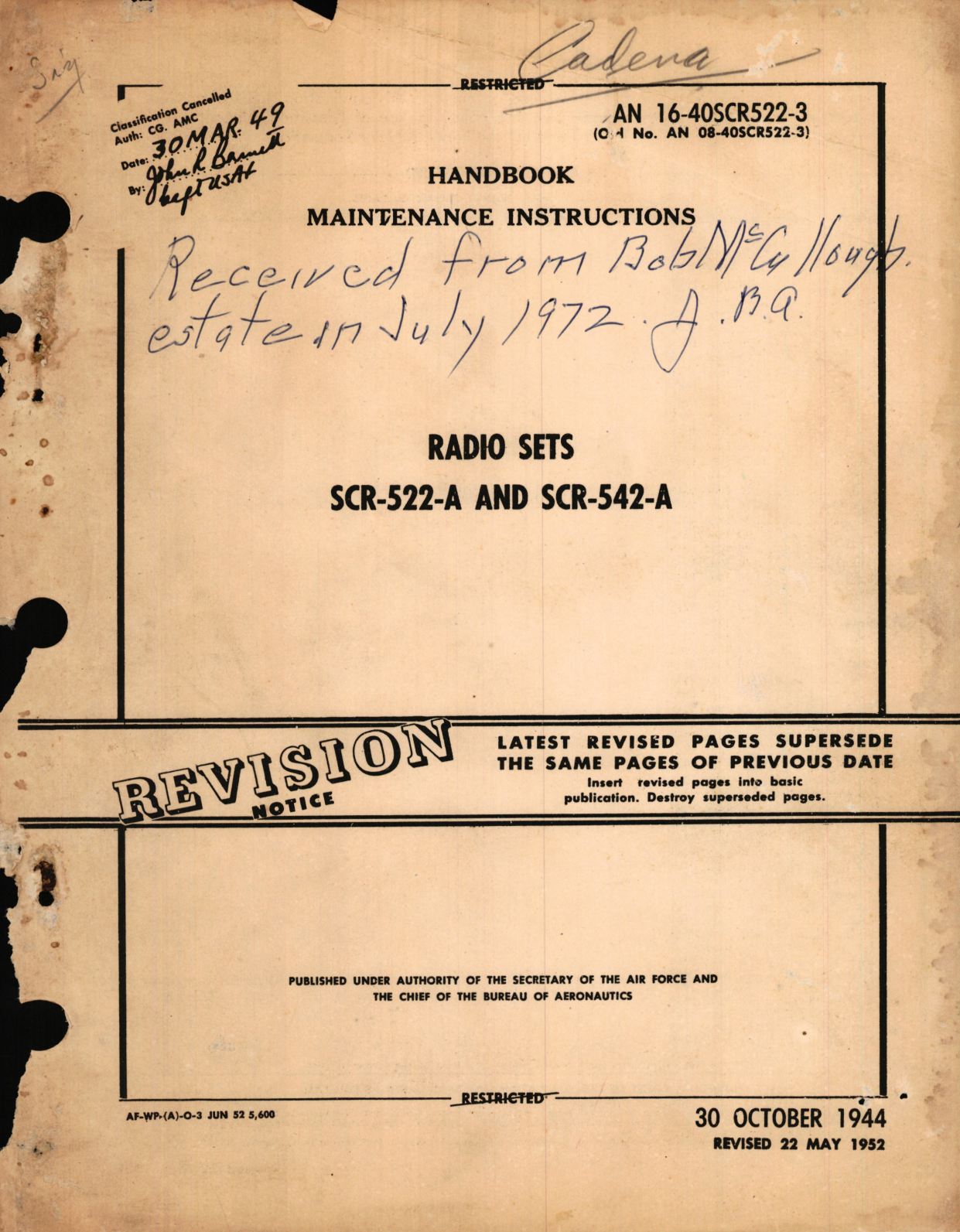 Sample page 1 from AirCorps Library document: Maintenance Instructions for Radio Sets SCR-522-A and SCR-542-A