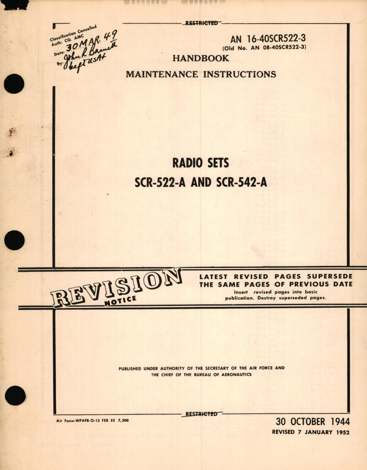 Sample page 1 from AirCorps Library document: Maintenance Instructions for Radio Sets SCR-522-A and SCR-542-A