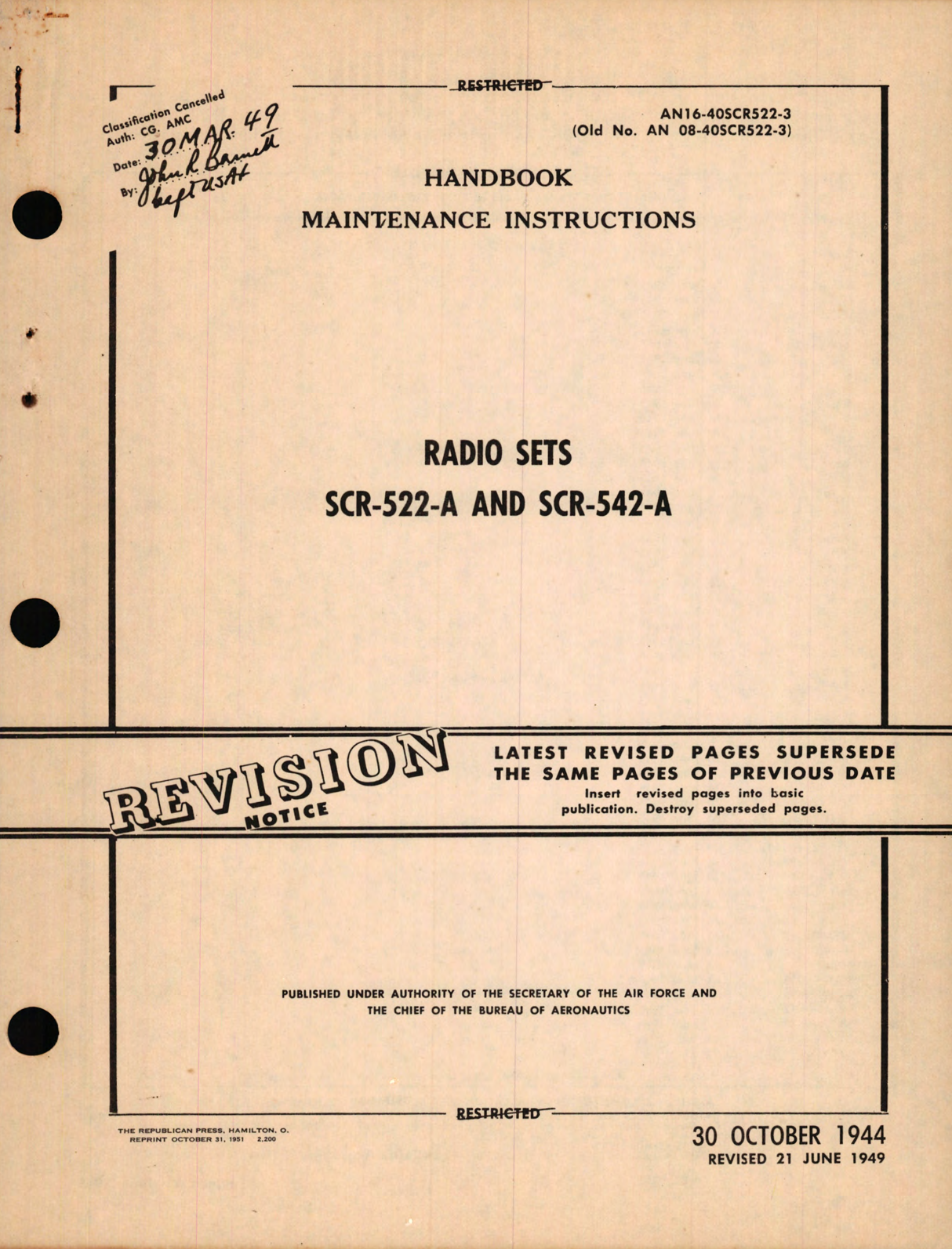 Sample page 1 from AirCorps Library document: Maintenance Instructions for Radio Sets SCR-522-A and SCR-542-A