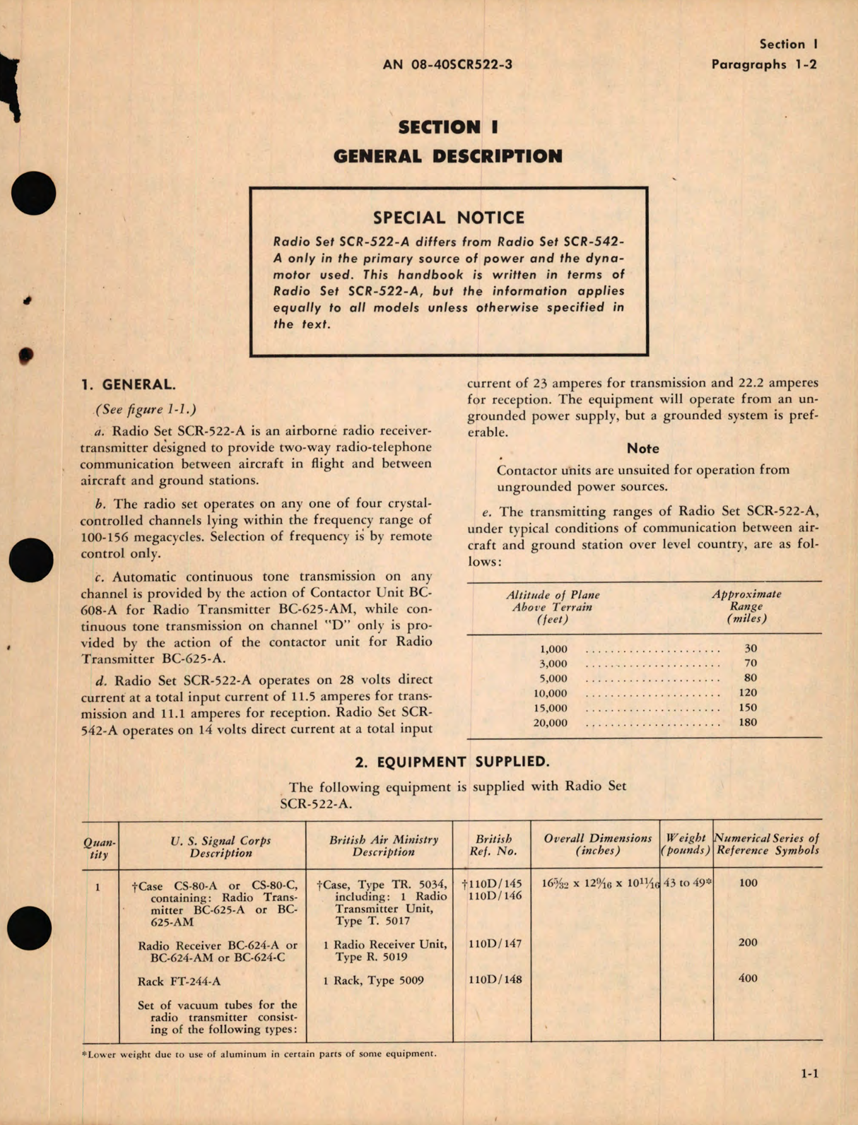 Sample page 9 from AirCorps Library document: Maintenance Instructions for Radio Sets SCR-522-A and SCR-542-A