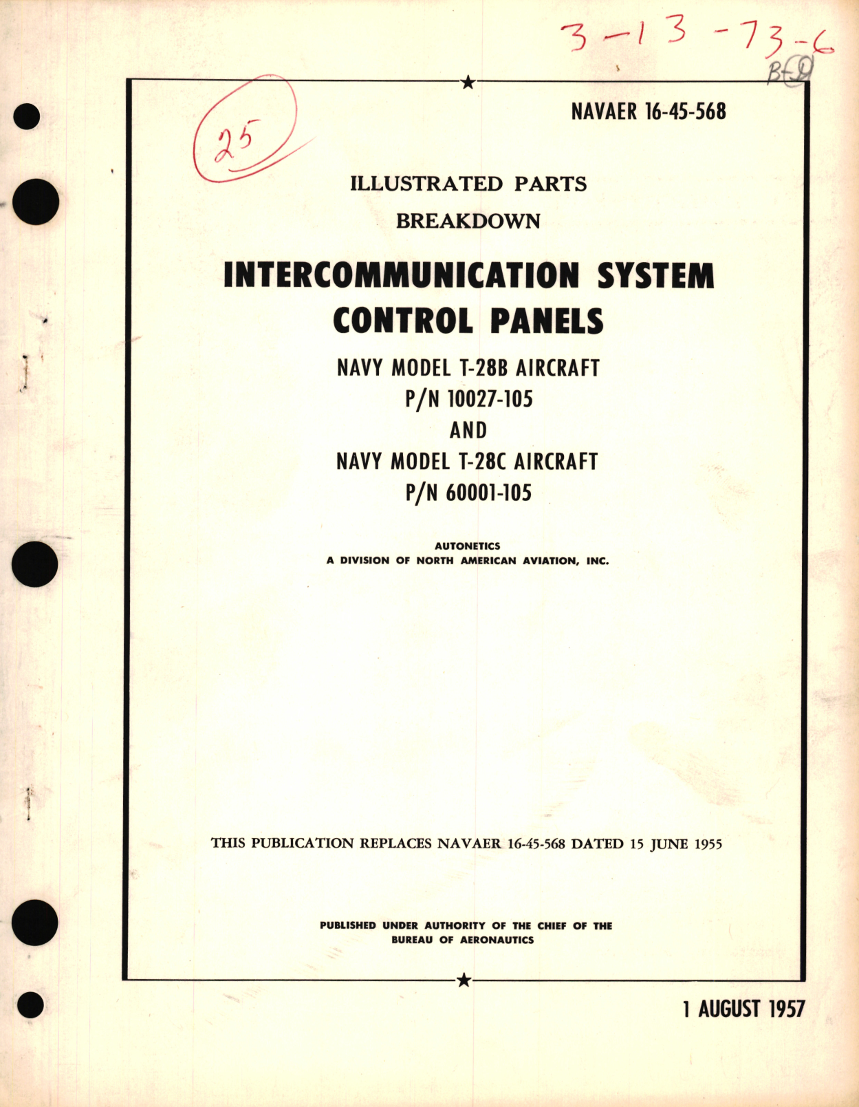 Sample page 1 from AirCorps Library document: Illustrated Parts Breakdown for Intercommunication System Control Panels Navel Model T-28B Aircraft P/N 10027-105 Navy Model T-28C Aircraft P/N 60001-105