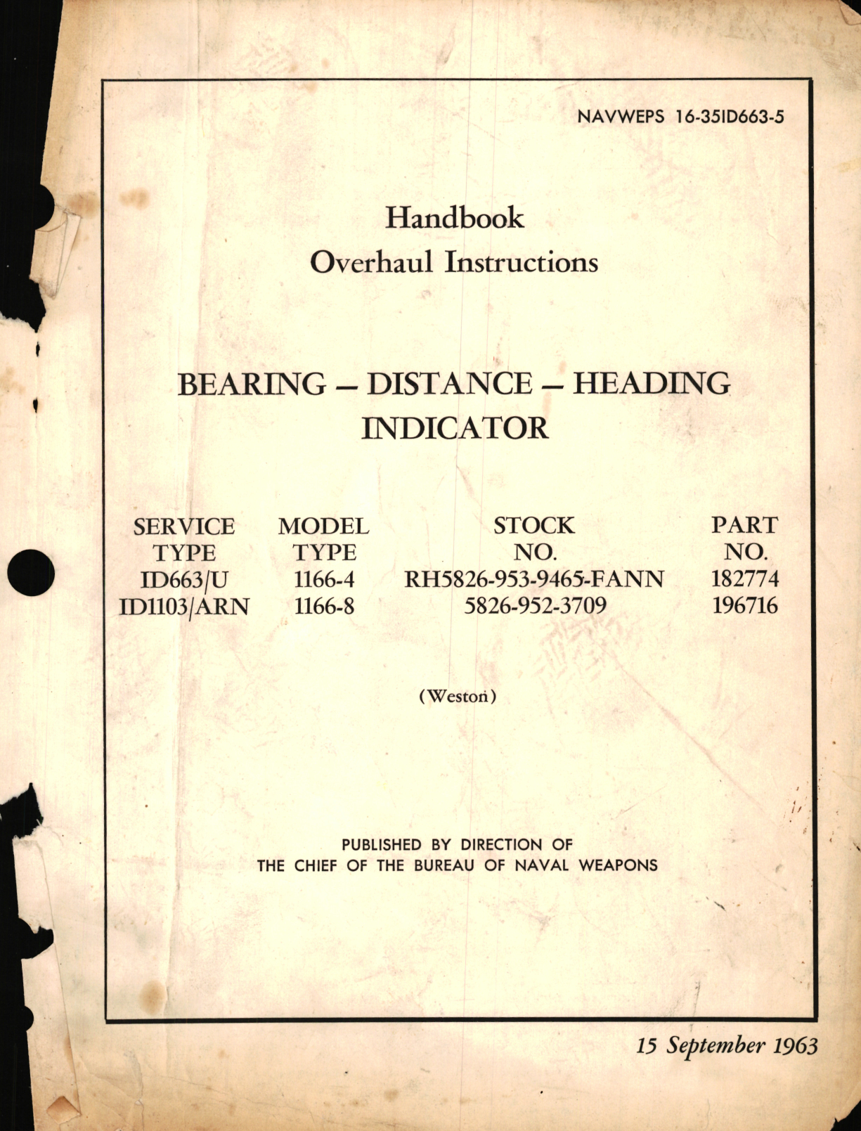 Sample page 1 from AirCorps Library document: Overhaul Instructions for Bearing - Distance - Heading Indicator Part No. 182774 and 196716 