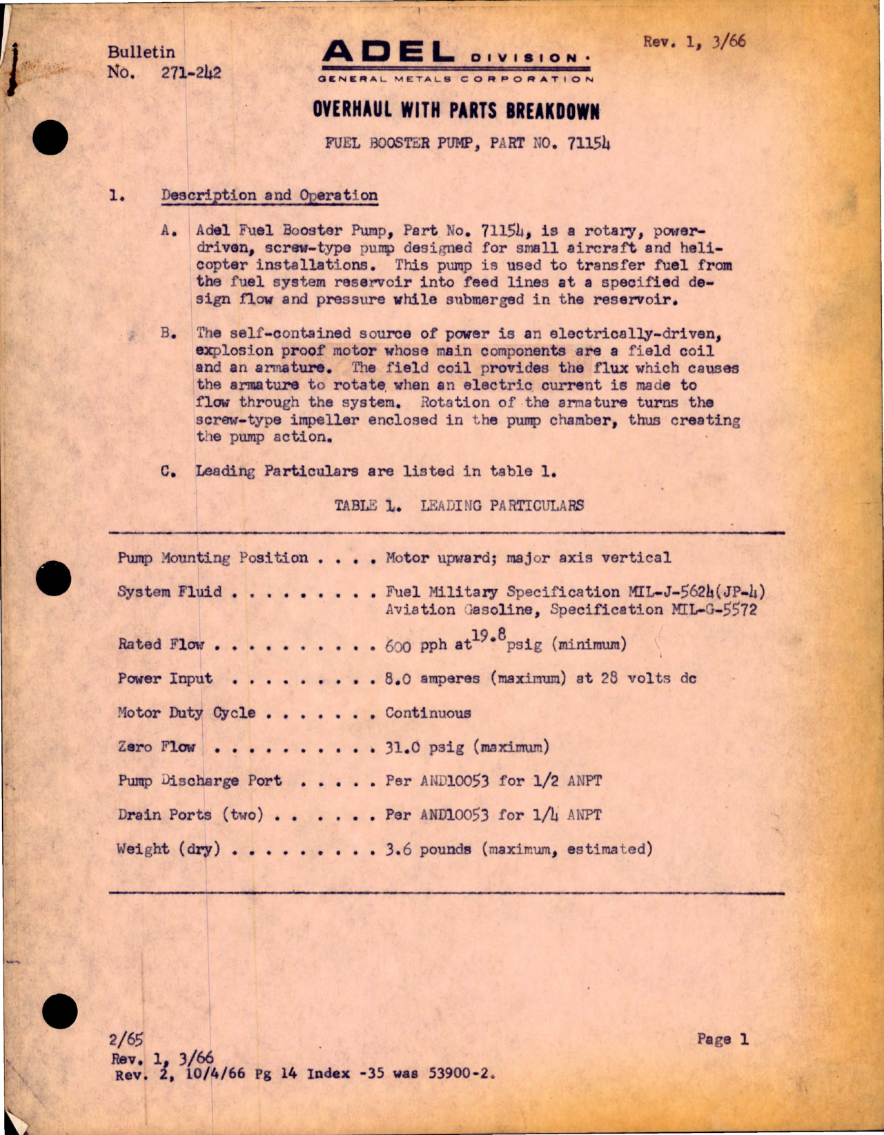 Sample page 1 from AirCorps Library document: Overhaul with Parts Breakdown - Fuel Booster Pump - Part 71154 
