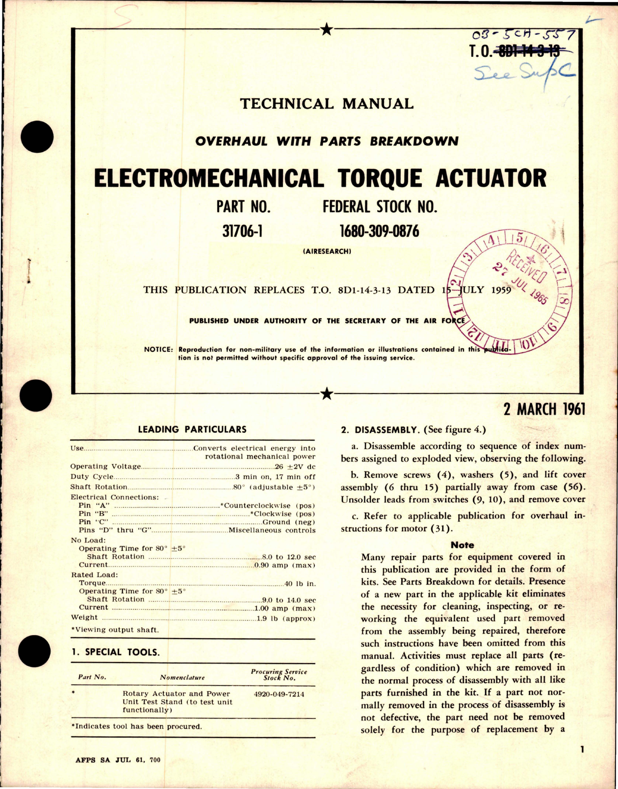 Sample page 1 from AirCorps Library document: Overhaul with Parts Breakdown for Electromechanical Torque Actuator - Part 31706-1 