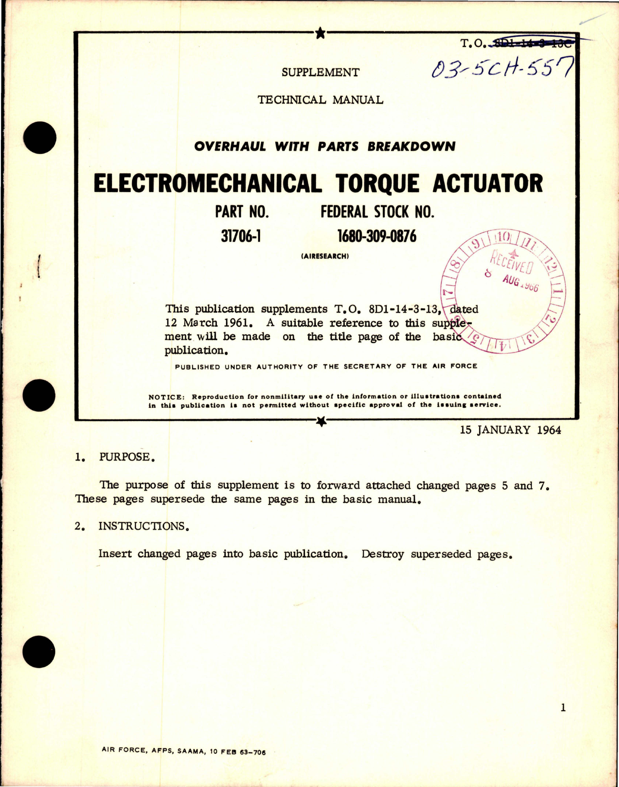 Sample page 1 from AirCorps Library document: Supplement to Overhaul with Parts Breakdown for Electromechanical Torque Actuator - Part 31706-1 
