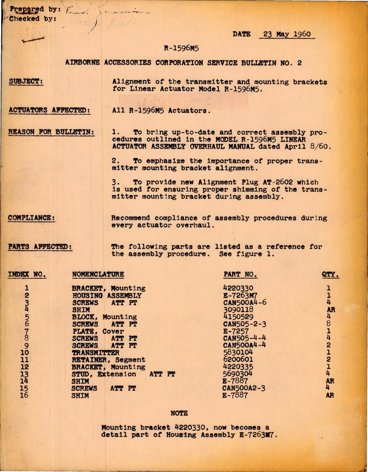 Sample page 1 from AirCorps Library document: Alignment of the Transmitter & Mounting Brackets for Linear Actuator - Model R-1596M5