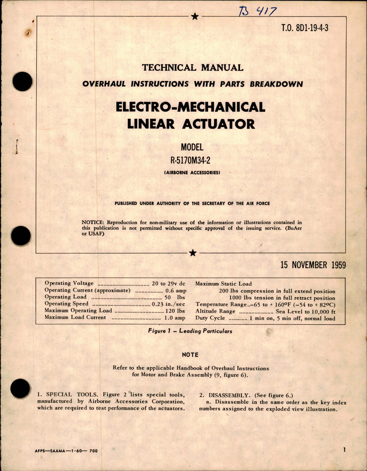 Sample page 1 from AirCorps Library document: Overhaul Instructions w Parts Breakdown for Electromechanical Linear Actuator - Model R5170M34-2 