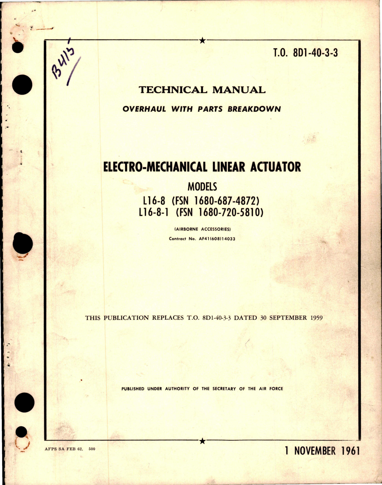 Sample page 1 from AirCorps Library document: Overhaul with Parts Breakdown for Electro-Mechanical Linear Actuator - Models L16-8 and L16-8-1