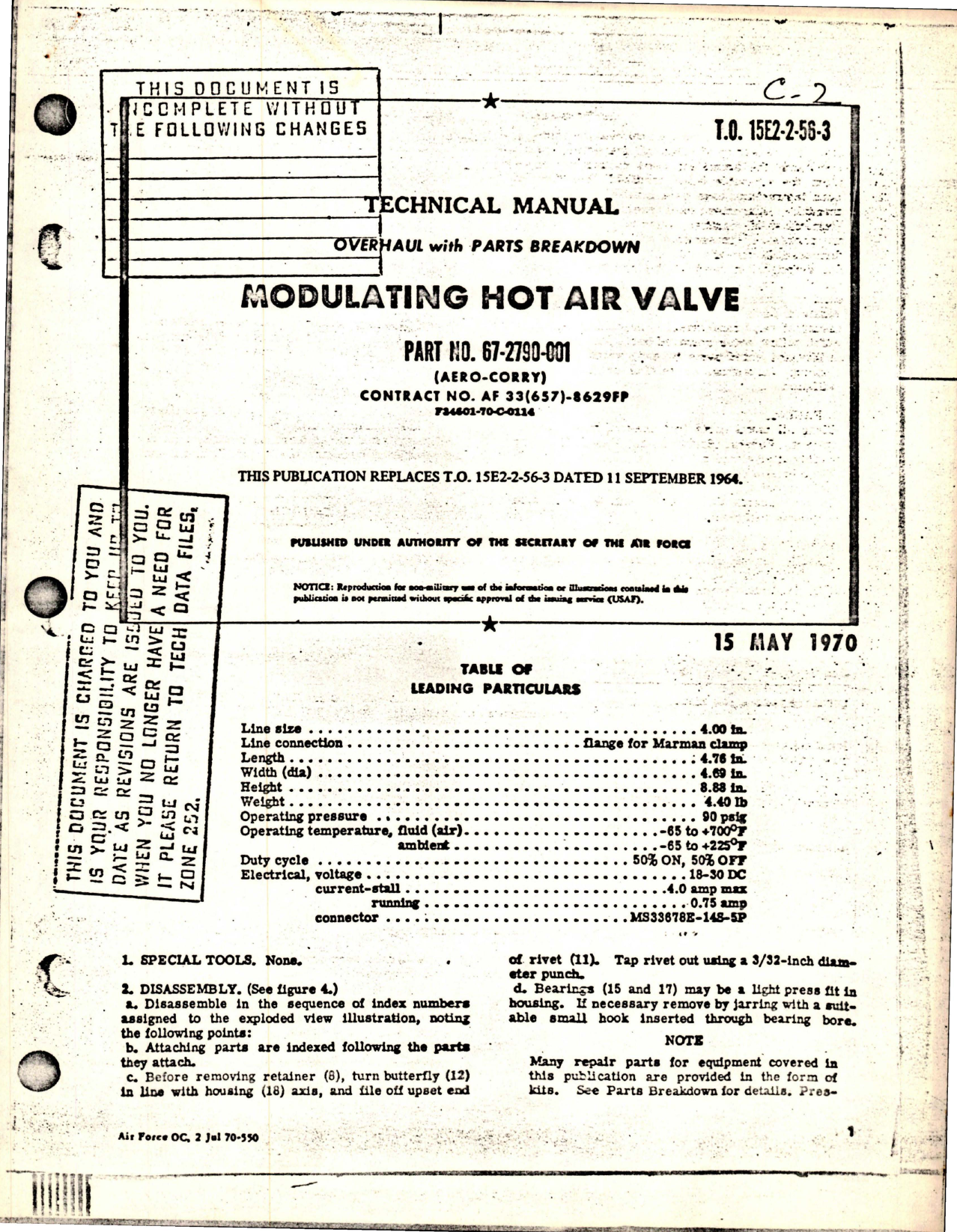 Sample page 1 from AirCorps Library document: Overhaul with Parts Breakdown for Modulating Hot Air Valve - Part 67-2790-001 