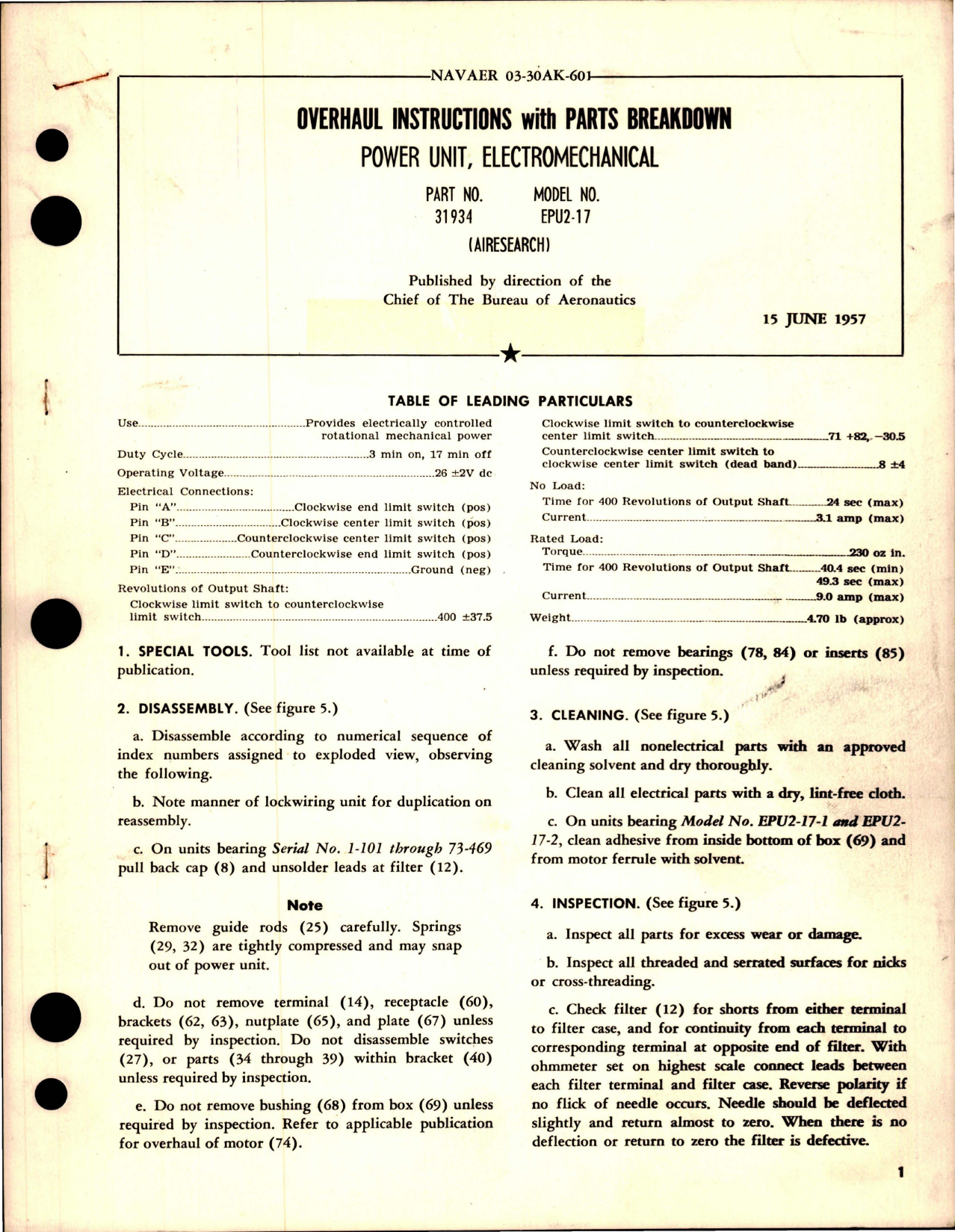 Sample page 1 from AirCorps Library document: Overhaul Instruction with Parts for Electromechanical Power Unit - Part 31934 - Model EPU2-17