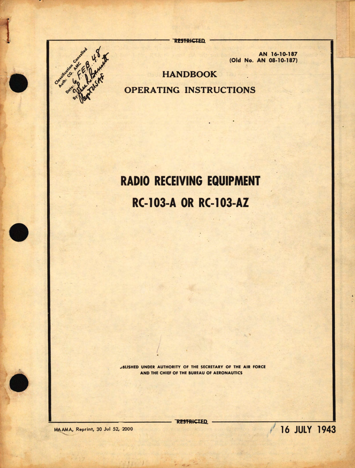 Sample page 1 from AirCorps Library document: Operating Instructions for Radio Receiving Equipment RC-103-A or RC-103-AZ