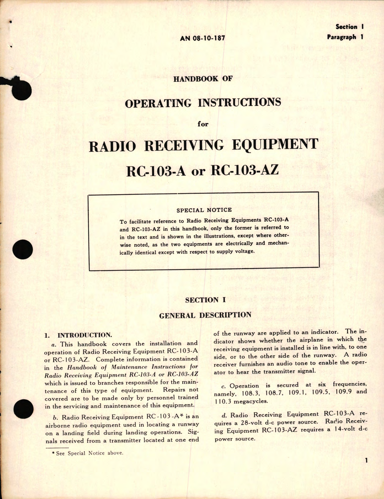 Sample page 9 from AirCorps Library document: Operating Instructions for Radio Receiving Equipment RC-103-A or RC-103-AZ