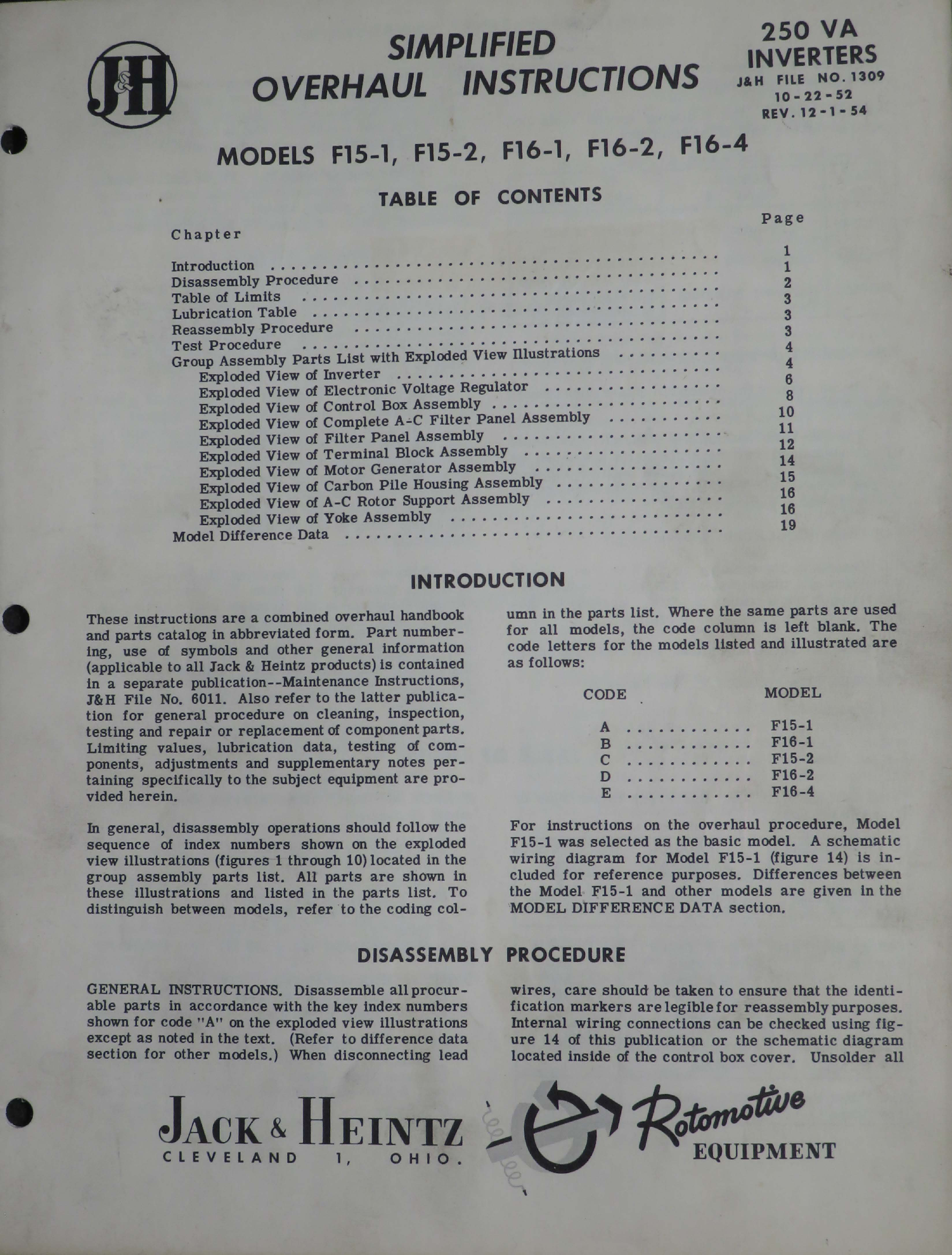 Sample page 1 from AirCorps Library document: Overhaul Instructions for Inverters 250 VA - Model F15-1, F15-2, F16-1, F16-2, F16-4 