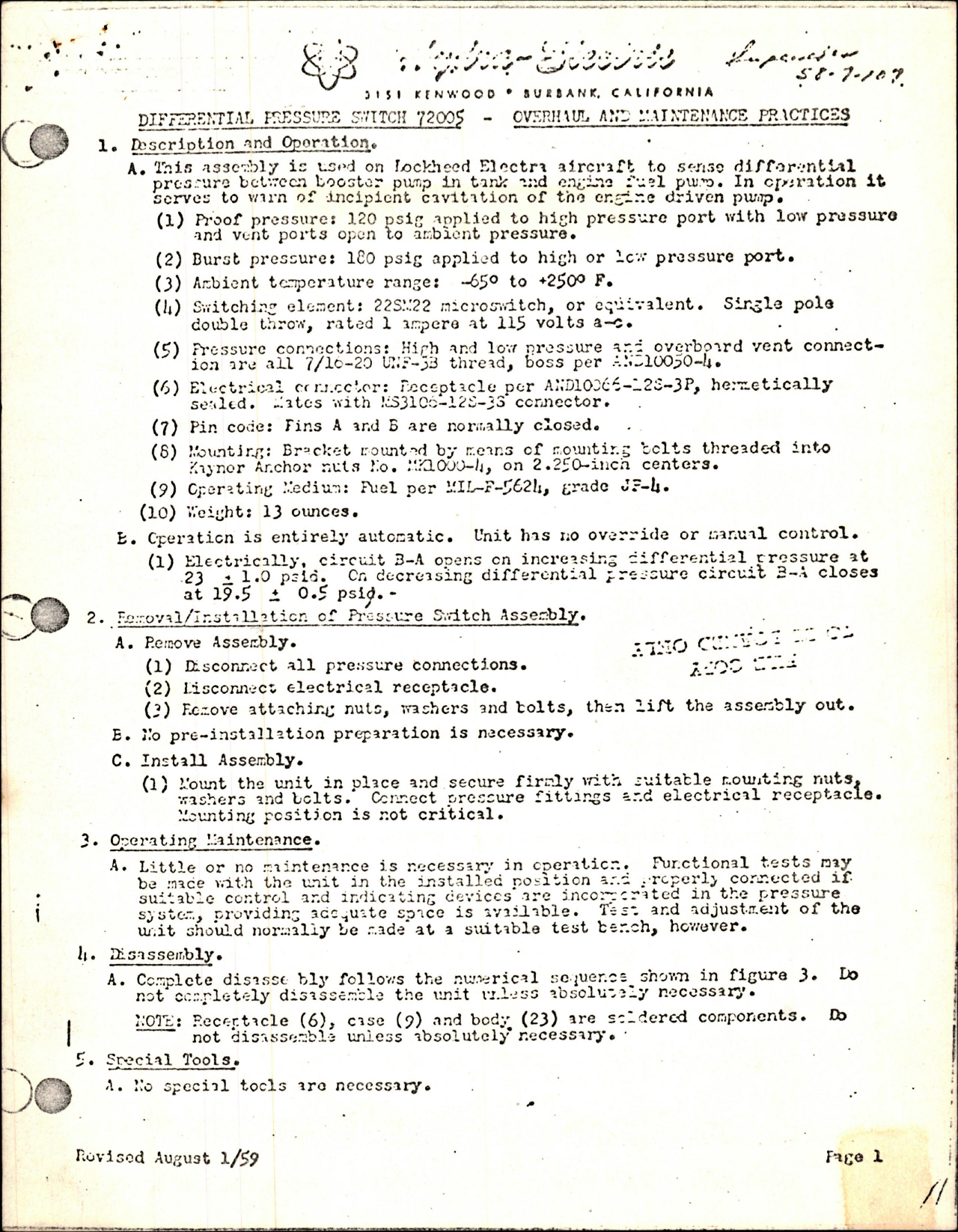 Sample page 1 from AirCorps Library document: Overhaul and Maintenance Instructions for Differential Pressure Switch 72005 