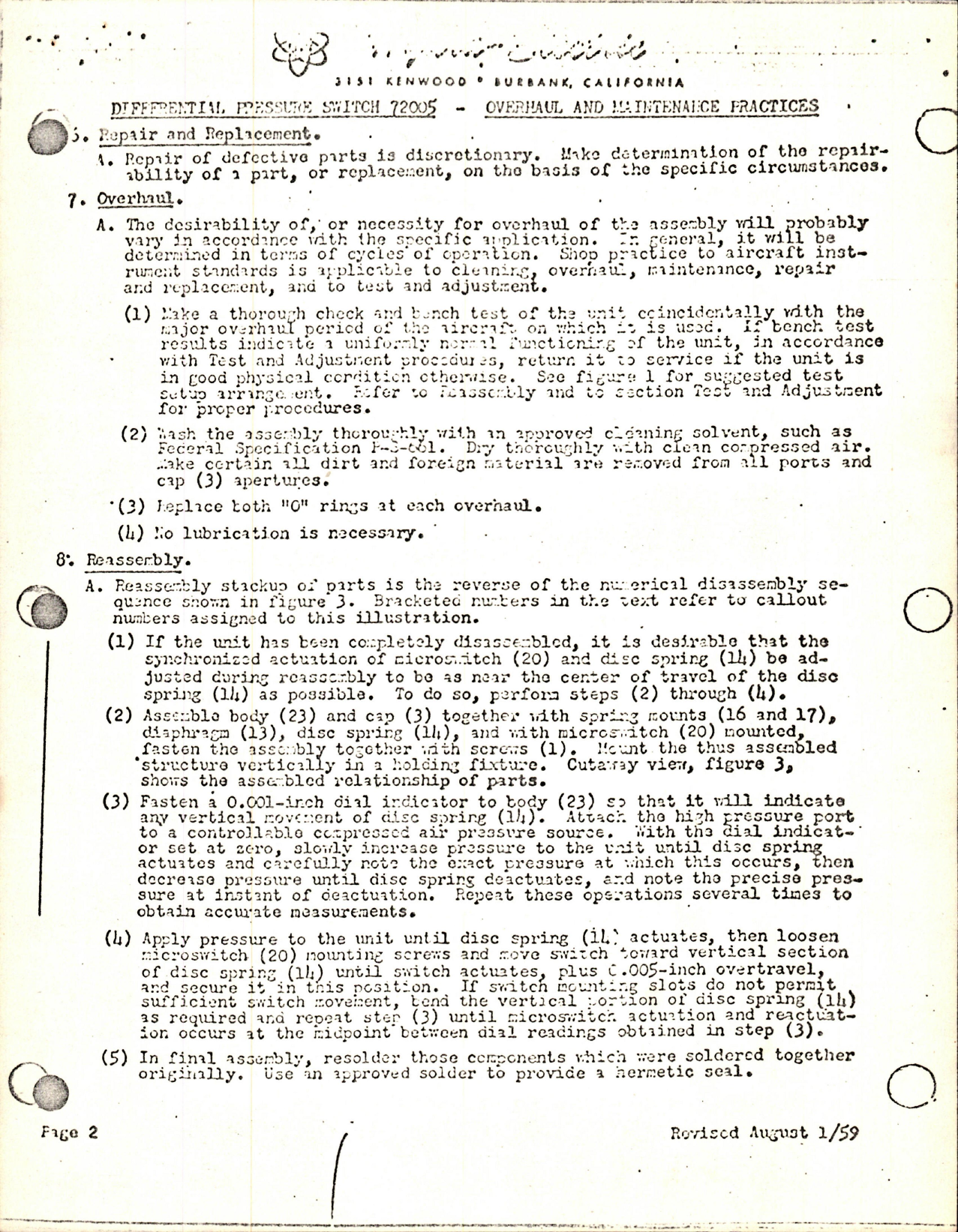 Sample page 5 from AirCorps Library document: Overhaul and Maintenance Instructions for Differential Pressure Switch 72005 