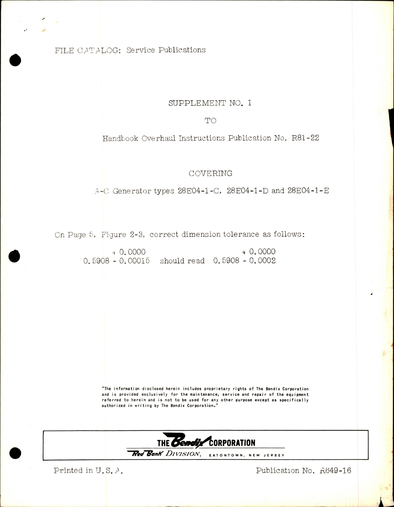 Sample page 1 from AirCorps Library document: Supplement No. 1 to Overhaul Instructions Pub R81-22 - A-C Generator - Types 28E04-1-C, 28E04-1-D, 28E04-1-E