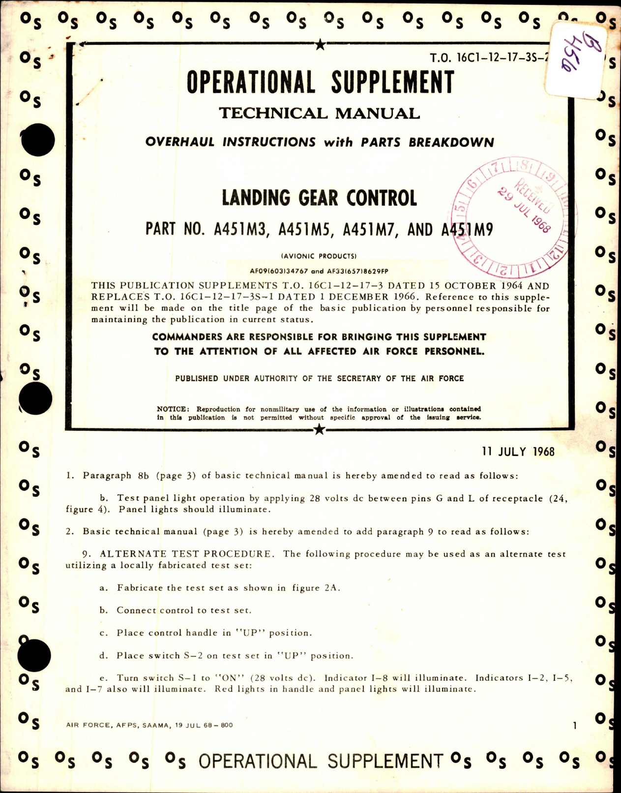 Sample page 1 from AirCorps Library document: Supplement to Overhaul Instruction with Parts for Landing Gear Control 