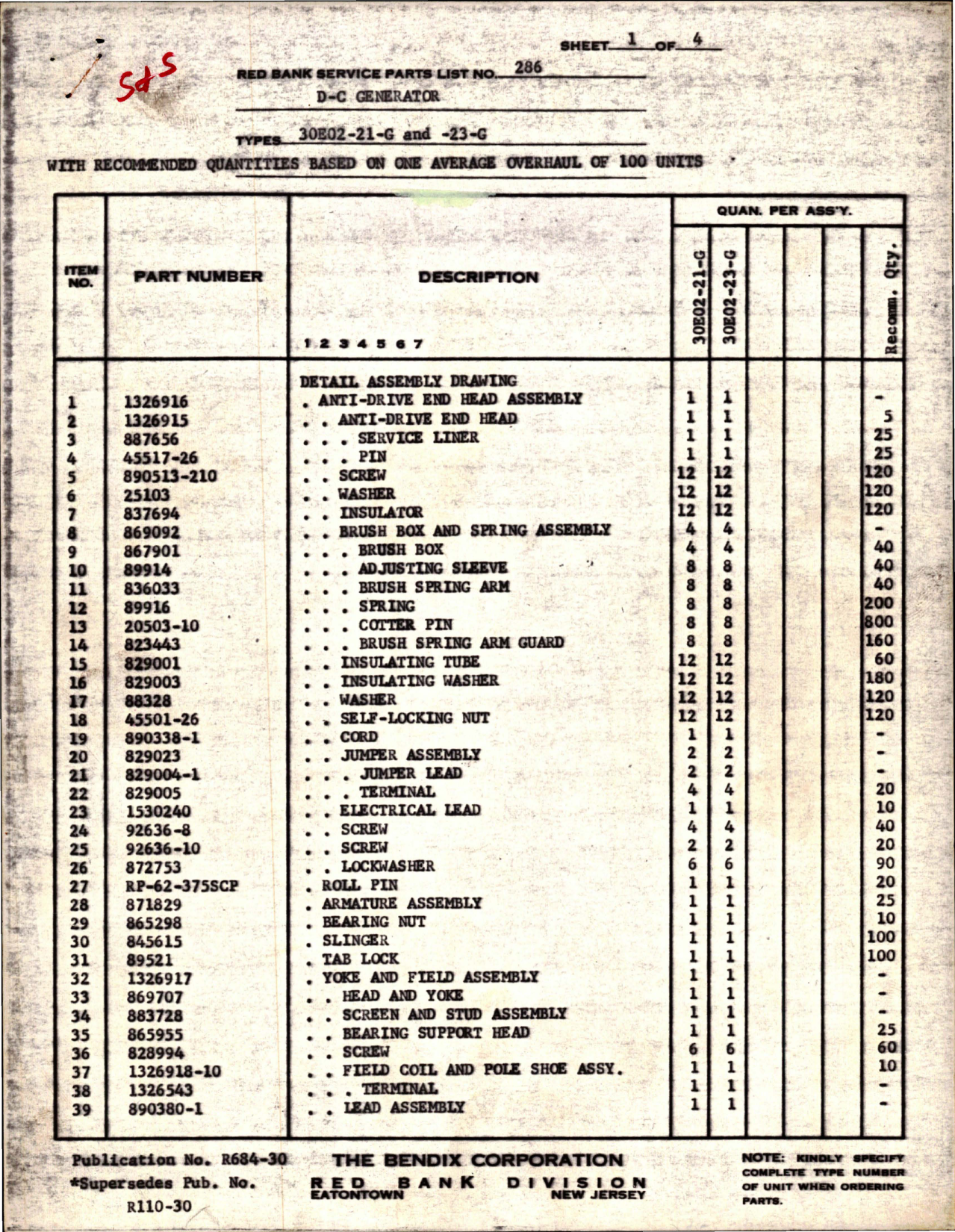 Sample page 1 from AirCorps Library document: Parts List for D-C Generator - Type 30E02-21-G and 30E02-23-G 