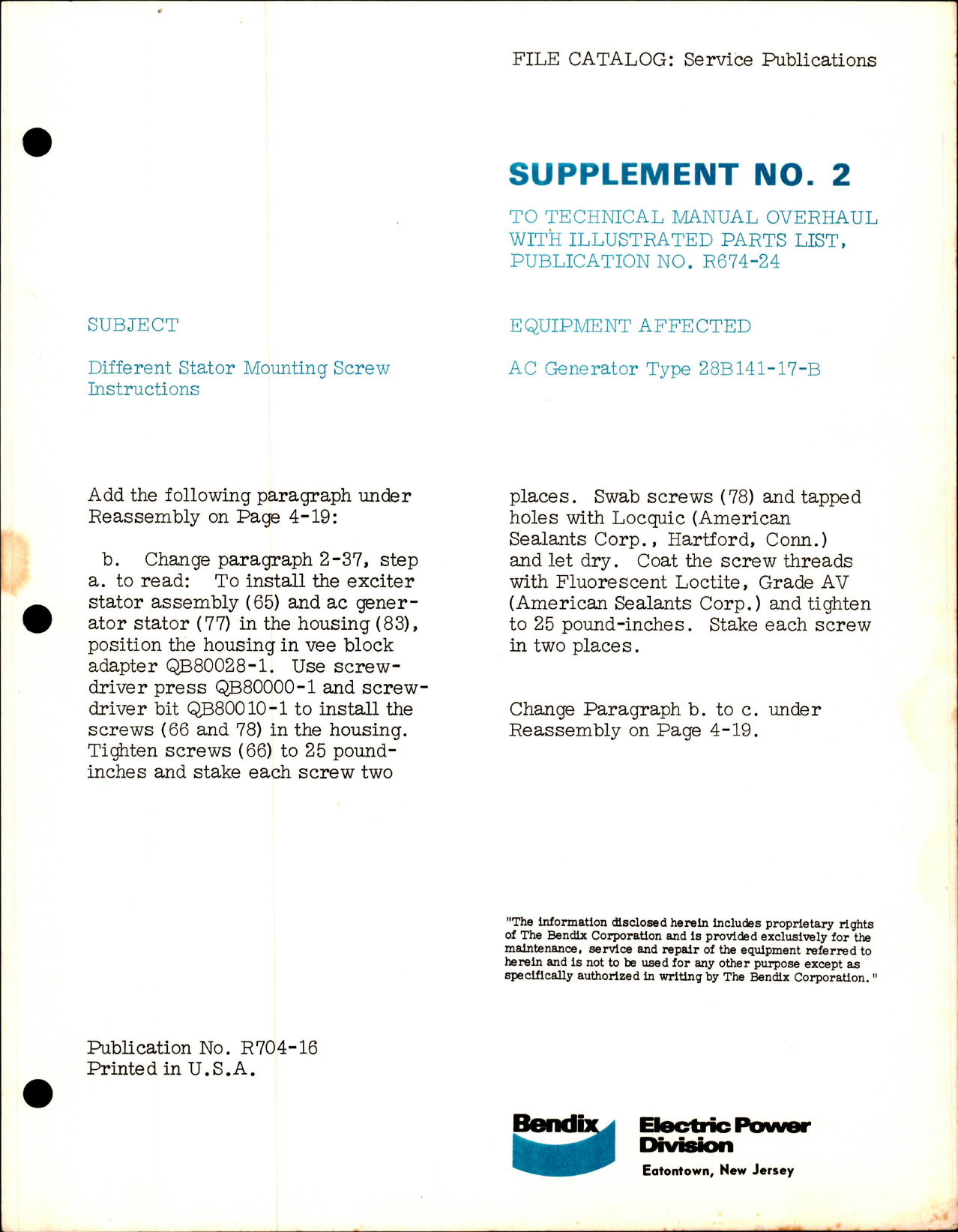Sample page 1 from AirCorps Library document: Supplement No. 2 to Overhaul Instructions with Parts List - Publication No. R674-24 - AC Generator - Type 28B141-17-B