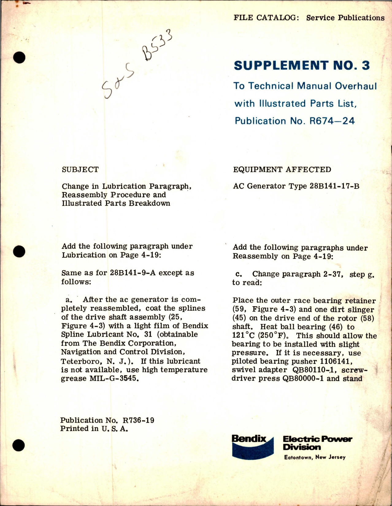 Sample page 1 from AirCorps Library document: Supplement No. 3 to Overhaul Manual w Parts List - Publication R674-24 - AC Generator Type 28B141-17-B