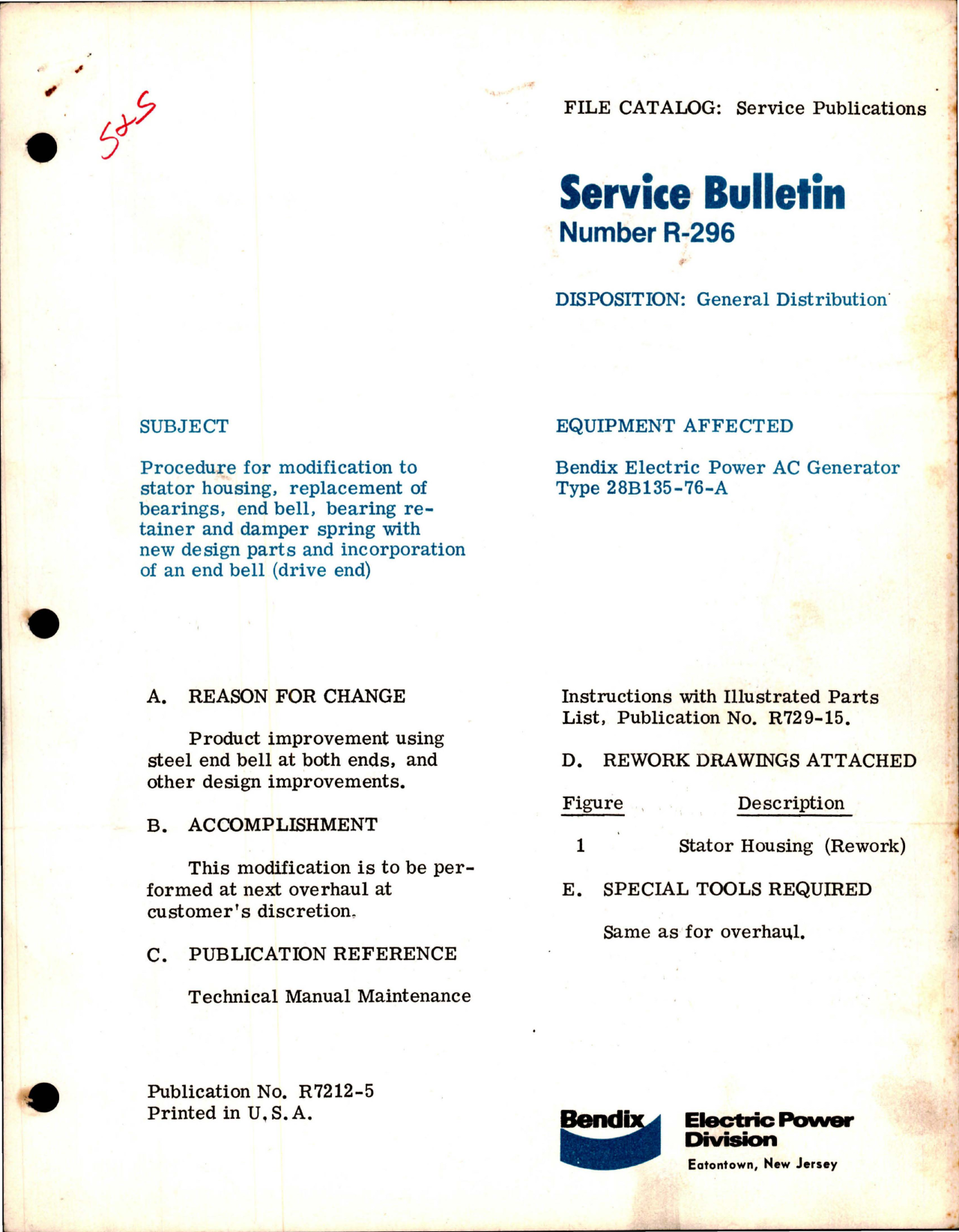 Sample page 1 from AirCorps Library document: Service Bulletin R-296 for Electric Power AC Generator - Type 28B135-76-A