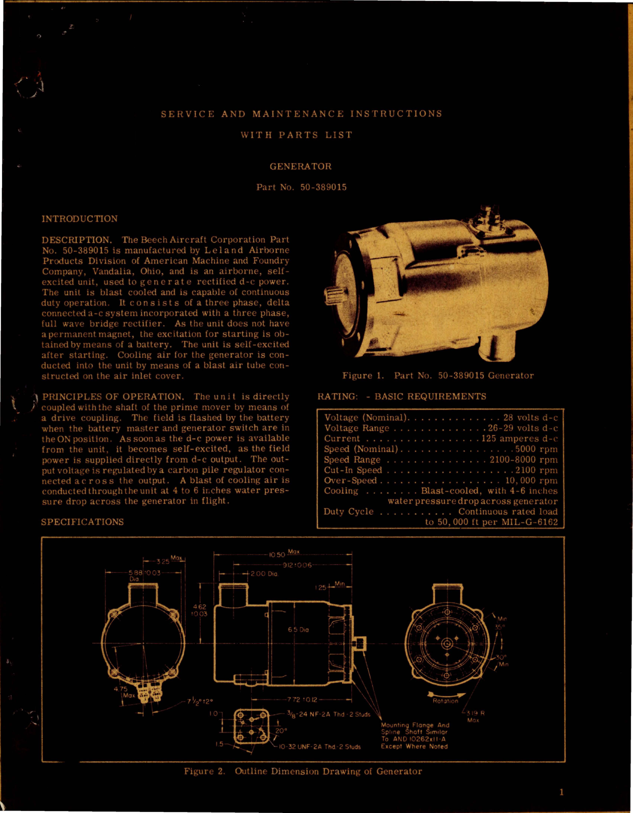 Sample page 1 from AirCorps Library document: Service and Maintenance Instructions with Parts List for Generator - Part 50-389015 