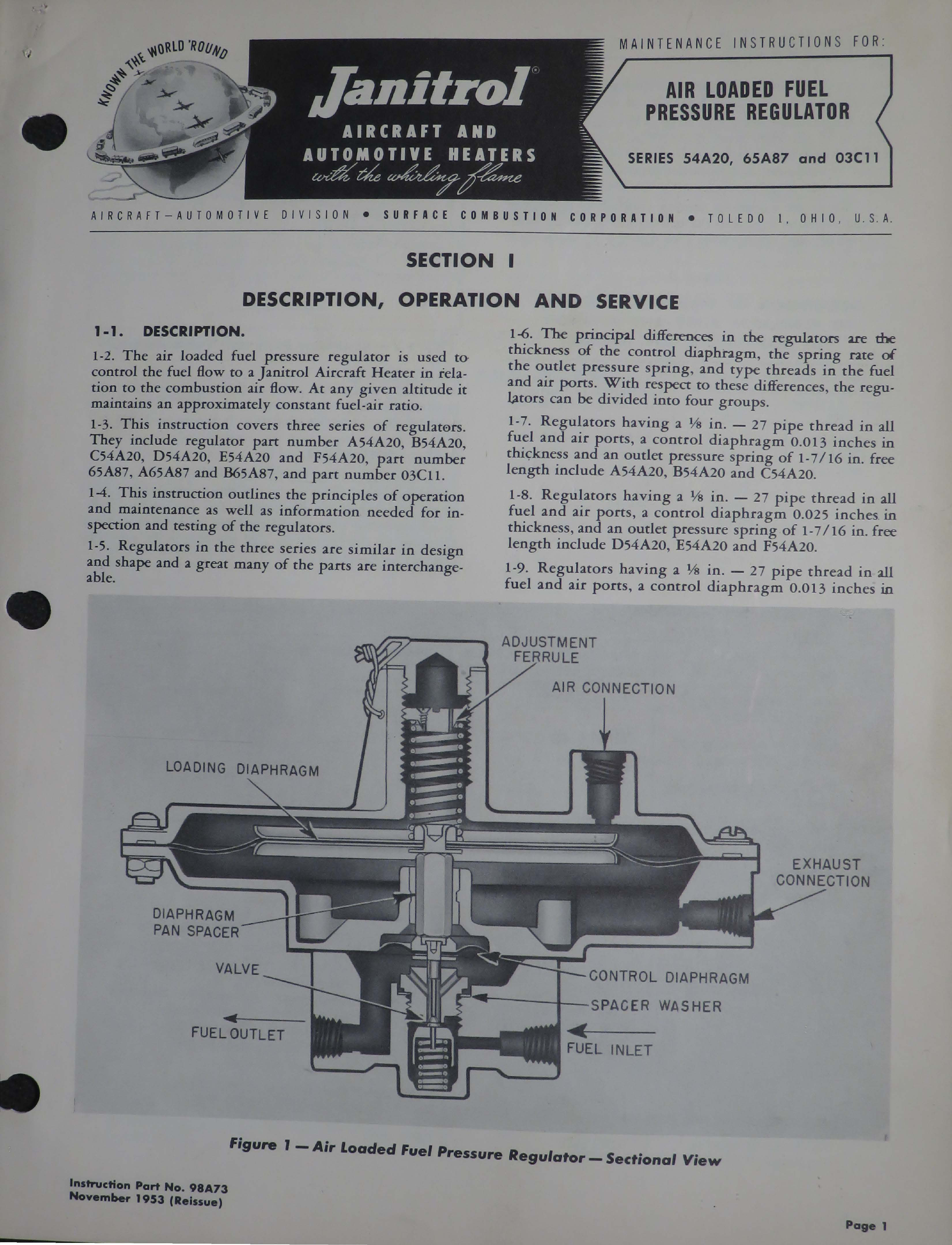 Sample page 1 from AirCorps Library document: Maintenance Instructions for Air Loaded Fuel Pressure Regulator - Series 54A20, 65A87 and 03C11
