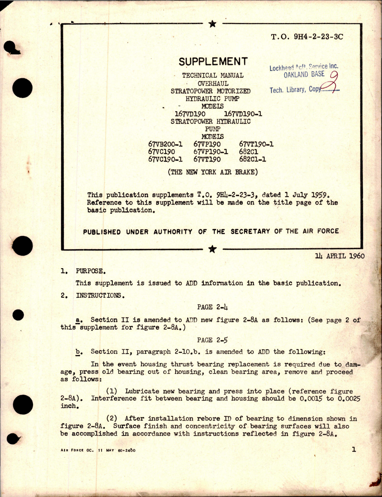Sample page 1 from AirCorps Library document: Supplement for Overhaul Manual for Stratopower Motorized Hydraulic Pump