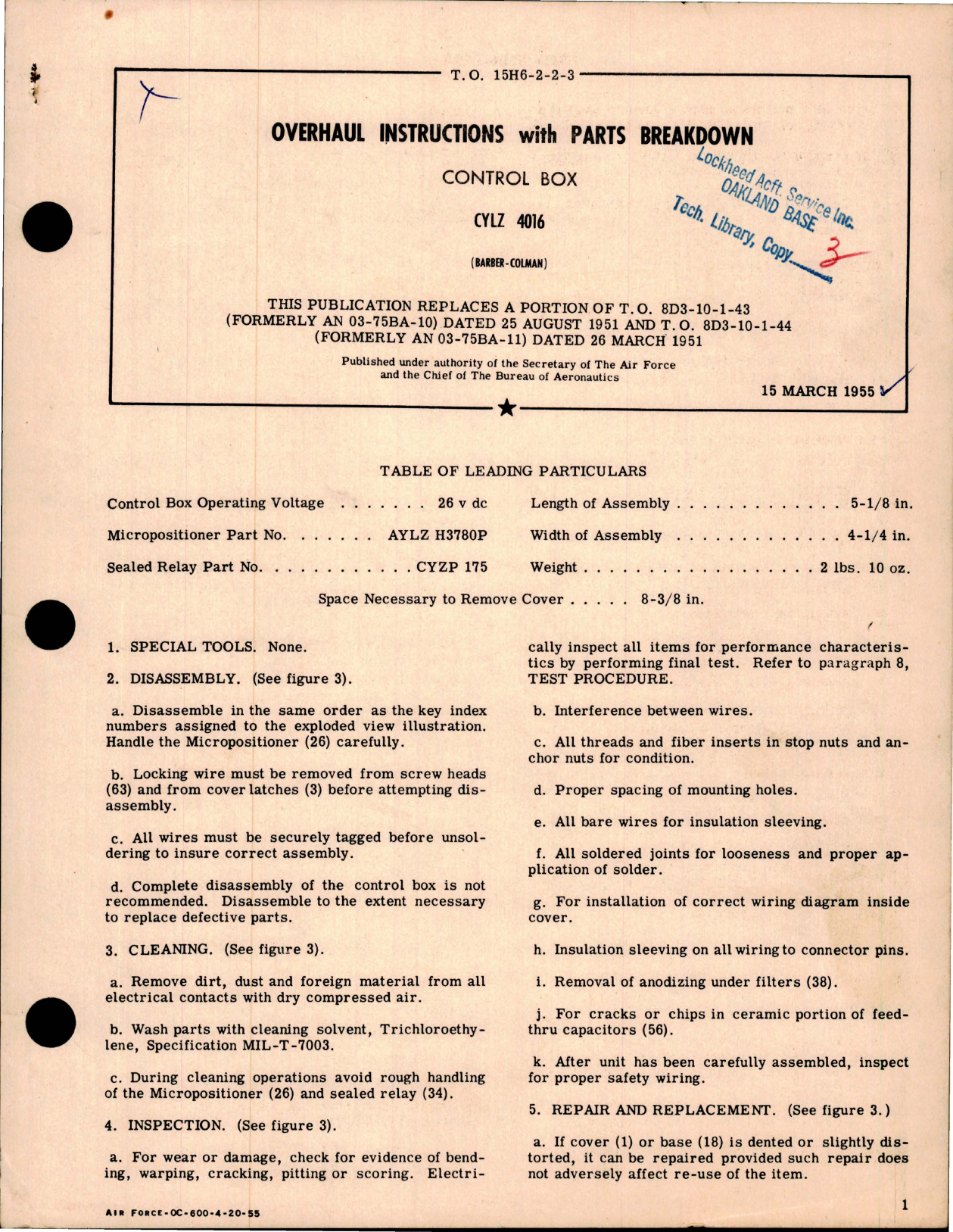 Sample page 1 from AirCorps Library document: Overhaul Instructions w Parts Breakdown for Control Box - CYLZ 4016 