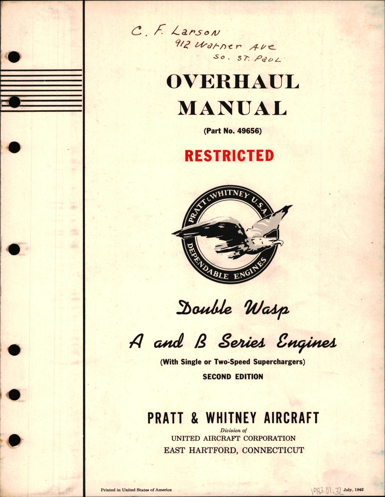 Sample page 1 from AirCorps Library document: Overhaul Manual for Double Wasp A and B Series Engines