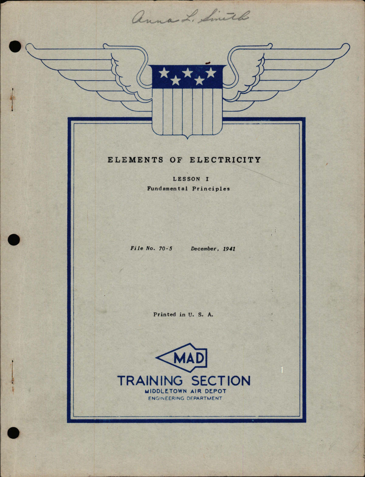 Sample page 1 from AirCorps Library document: Elements of Electricity for Fundamental Principles - Lesson I