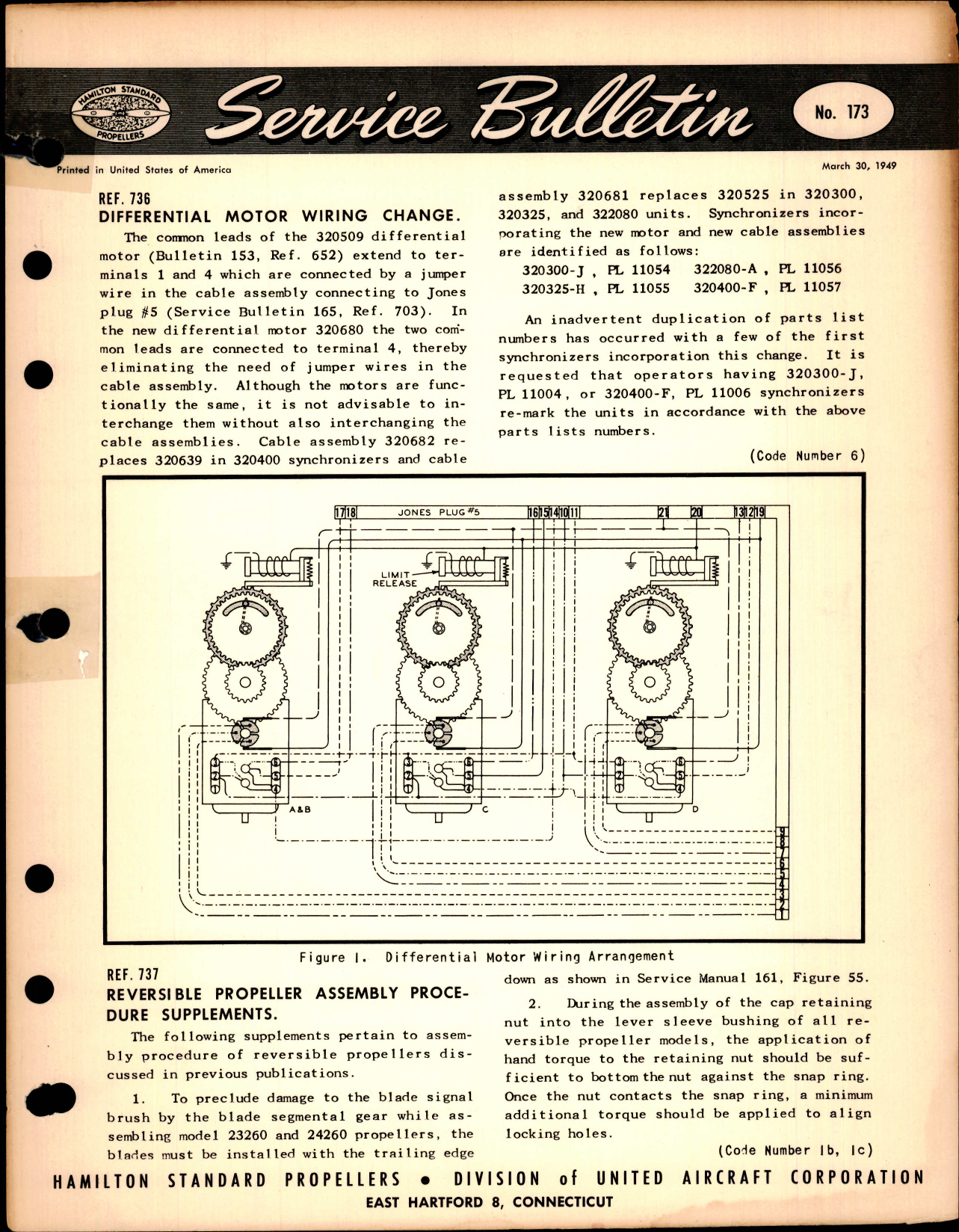 Sample page 1 from AirCorps Library document: Differential Motor Wiring Change, Ref 736