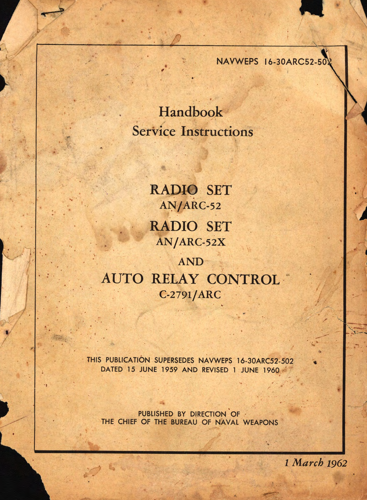 Sample page 1 from AirCorps Library document: Service Instructions for Radio Set AN/ARC 52 AN/ARC-52X and Auto Relay Control C-2791 ARC