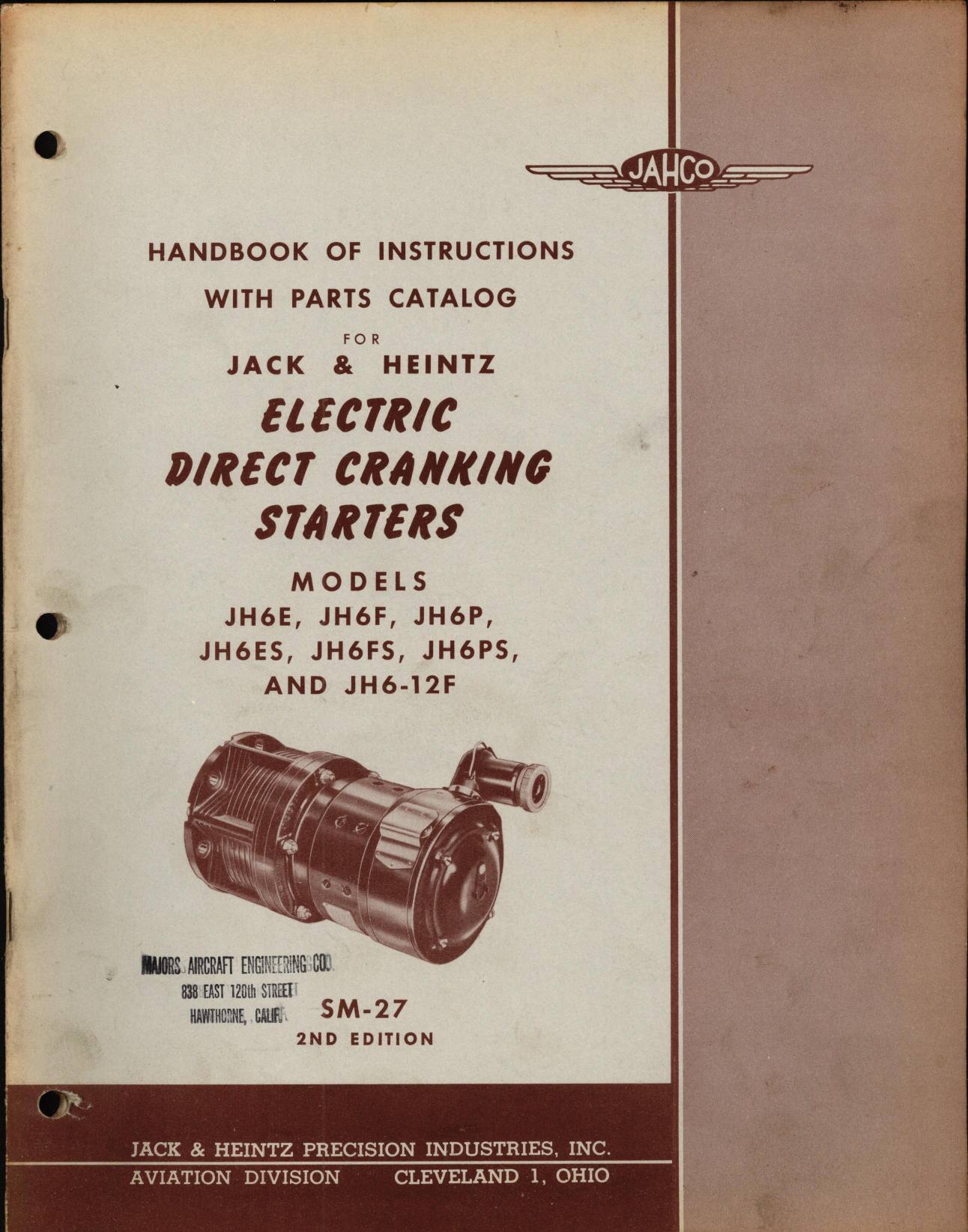 Sample page 1 from AirCorps Library document: Handbook of Instructions with Parts Catalog for Jack & Heintz Electric Direct Cranking Starters Models JH6