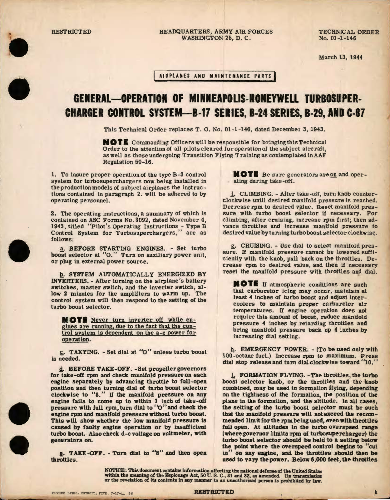 Sample page 1 from AirCorps Library document: General - Operation of Minneapolis-Honeywell Turbosupercharger Control System - B-17 Series, B-24 Series, B-29, and C-87