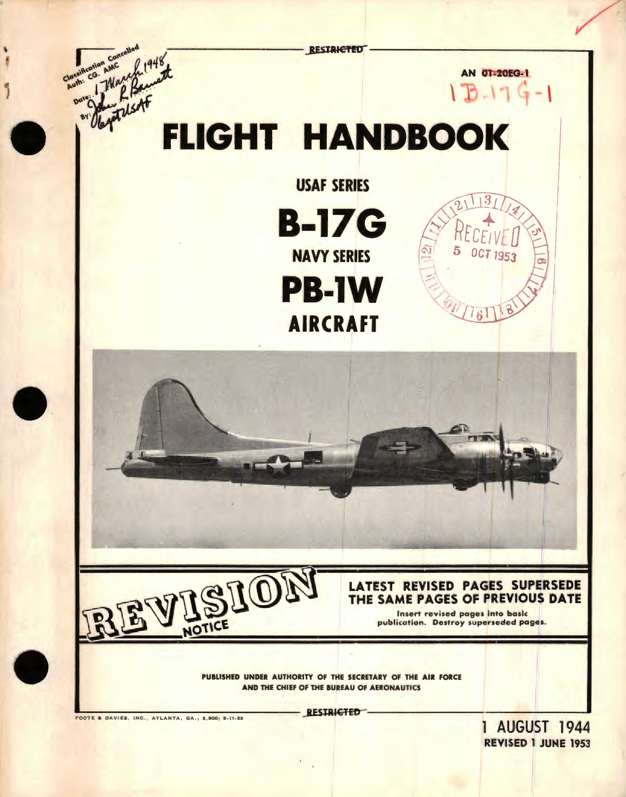 Sample page 1 from AirCorps Library document: Flight Handbook for USAF Series B-17G Navy Series PB-1W Aircraft