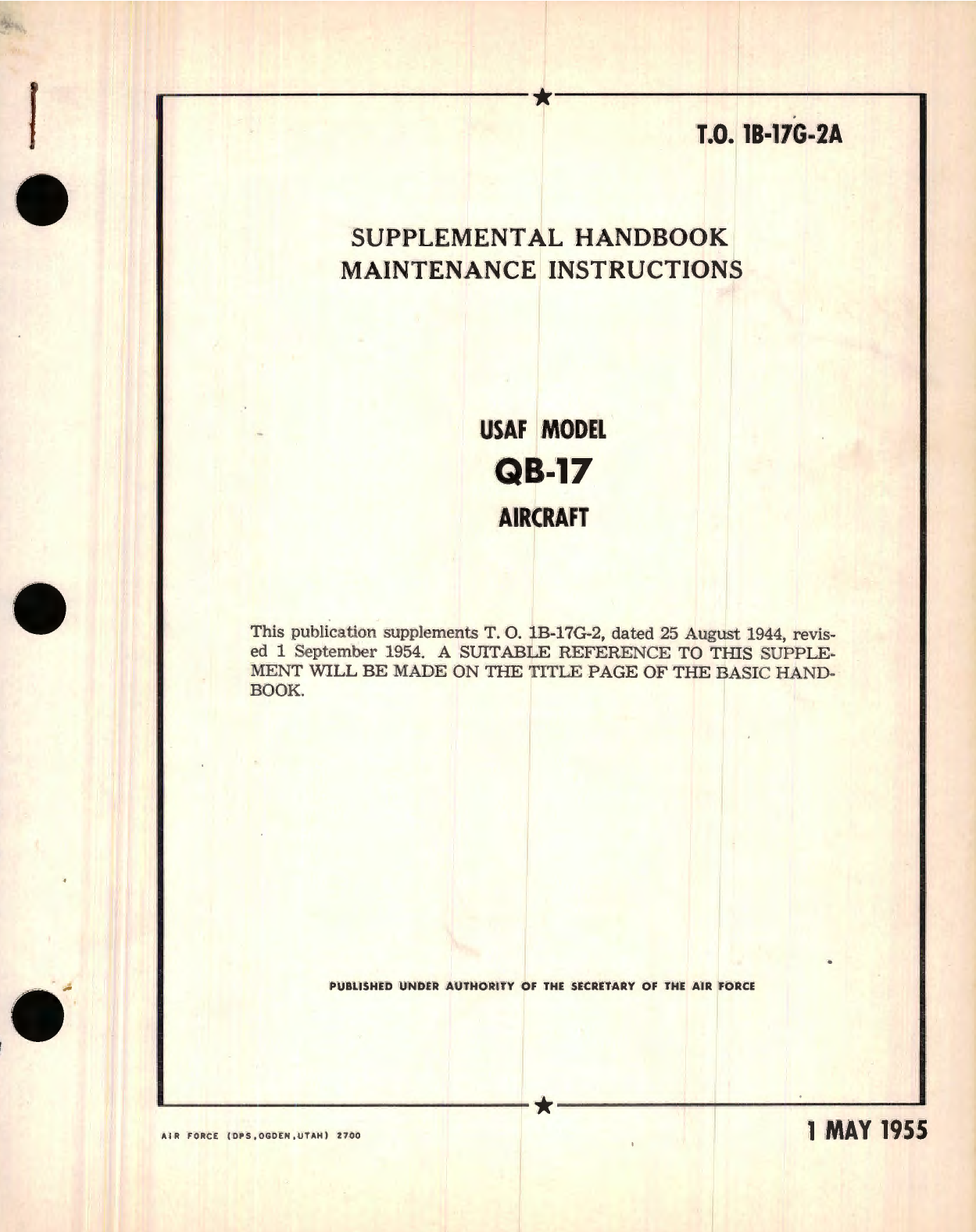 Sample page 1 from AirCorps Library document: 1B-17G-2A, Supplement, Maintenance Instructions for USAF Model QB-17 Aircraft