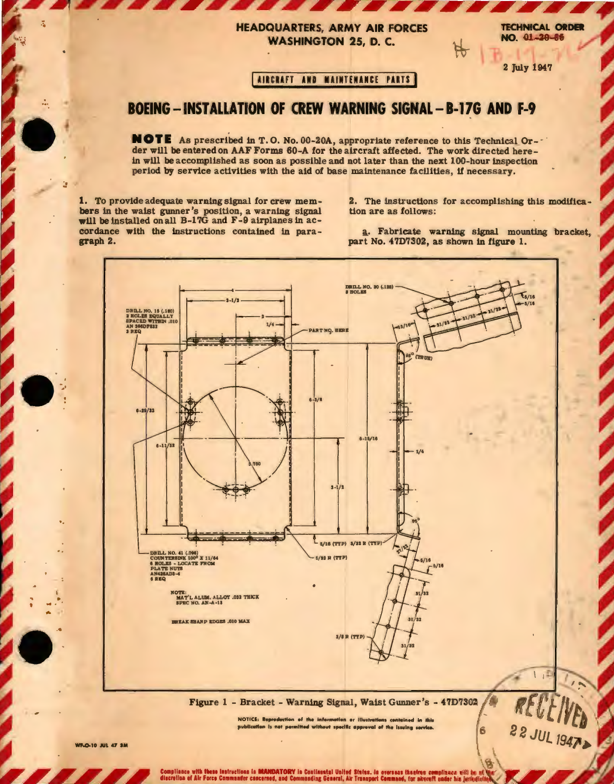 Sample page 1 from AirCorps Library document: Boeing - Installation of Crew Warning Signal - B-17G and F-9