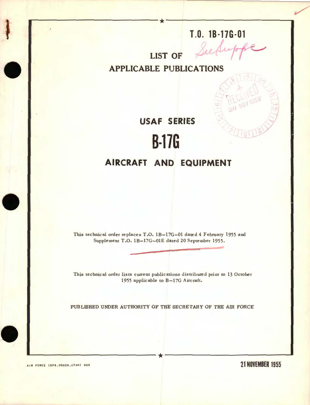 Sample page 1 from AirCorps Library document: List Applicable Publications for USAF Series B-17G Aircraft and Equipment