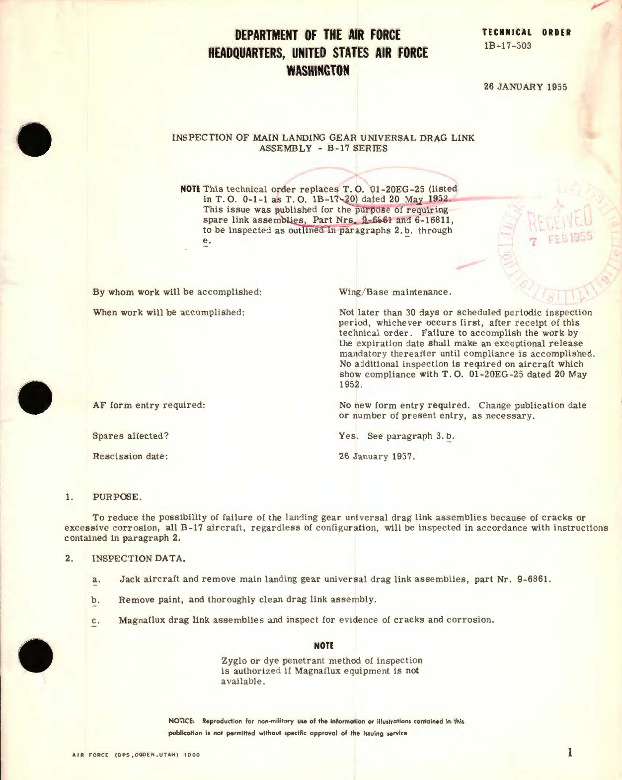 Sample page 1 from AirCorps Library document: Inspection of Main Landing Gear Universal Drag Link