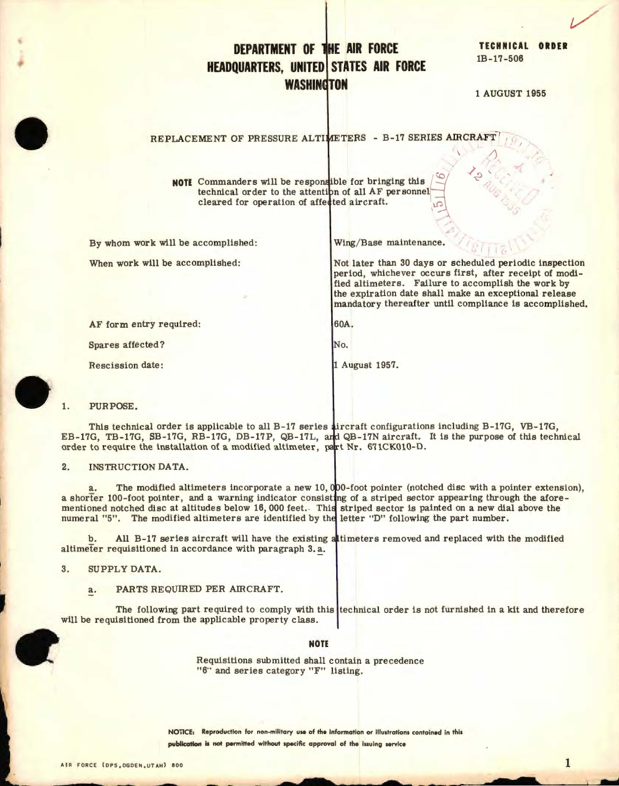 Sample page 1 from AirCorps Library document: Replacement of Pressure Altimeters - B-17 Series Aircraft