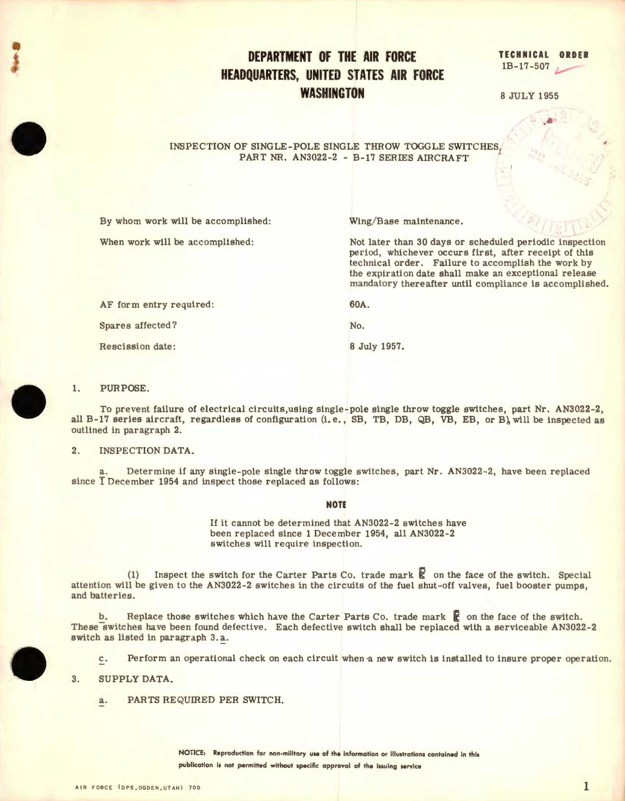 Sample page 1 from AirCorps Library document: Inspection of Single - Pole Single Throw Toggle Switches Part NR. AN3022-2 - B-17 Series Aircraf