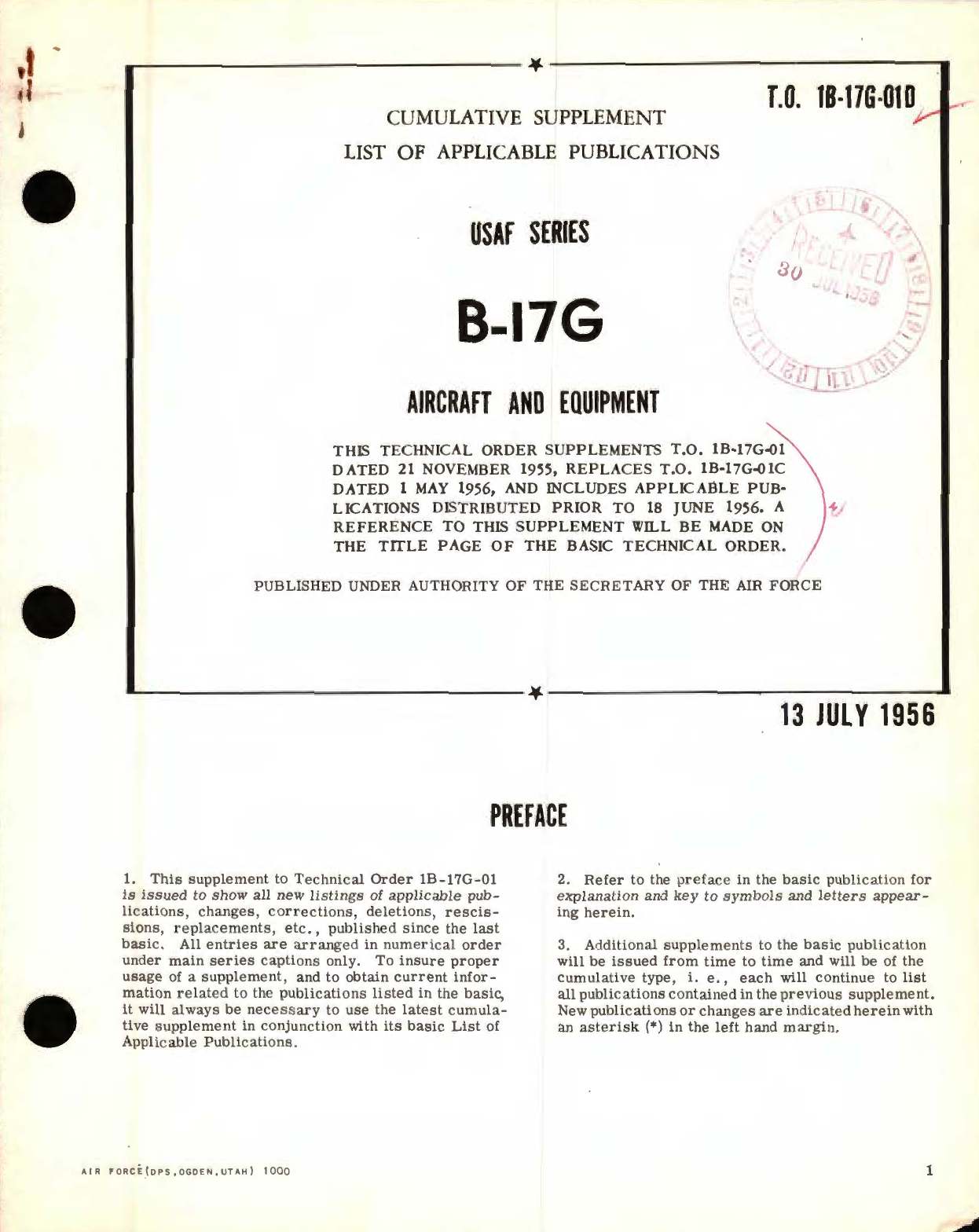 Sample page 1 from AirCorps Library document: Cumulative Supplement List of Applicable Publications for USAF Series B-17G Aircraft and Equipment