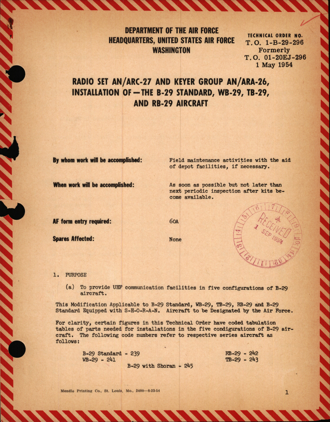 Sample page 1 from AirCorps Library document: Radio Set AN,ARC-27 and Keyer Group AN,ARA-26, Installation of - The B-29 Standard, WB-29, TB-29, and RB-29 Aircraft