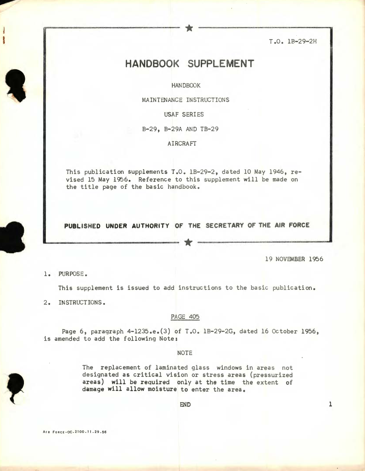 Sample page 1 from AirCorps Library document: Supplement, Maintenance Instructions for USAF Series B-29, B-29A and TB-29 Aircraft