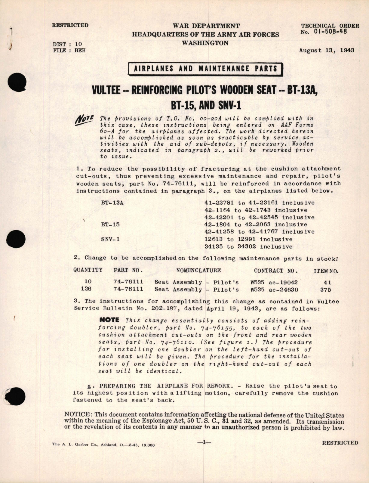 Sample page 1 from AirCorps Library document: Vultee - Reinforcing Pilot's Wooden Seat - BT-13A, BT-15, and SNV-1