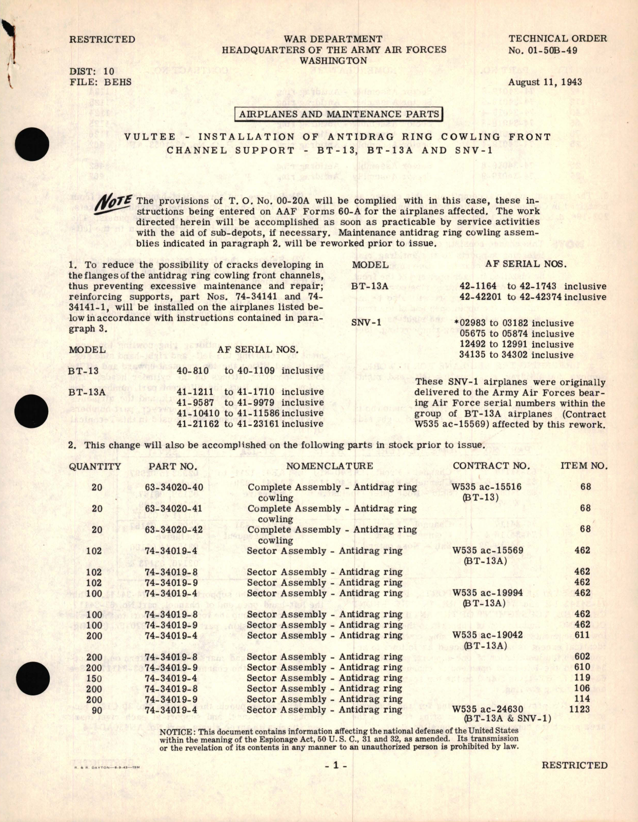 Sample page 1 from AirCorps Library document: Vultee - Installation of Antidrag Ring Cowling Front Channel Support  - BT-13, BT-13A and SNV-1