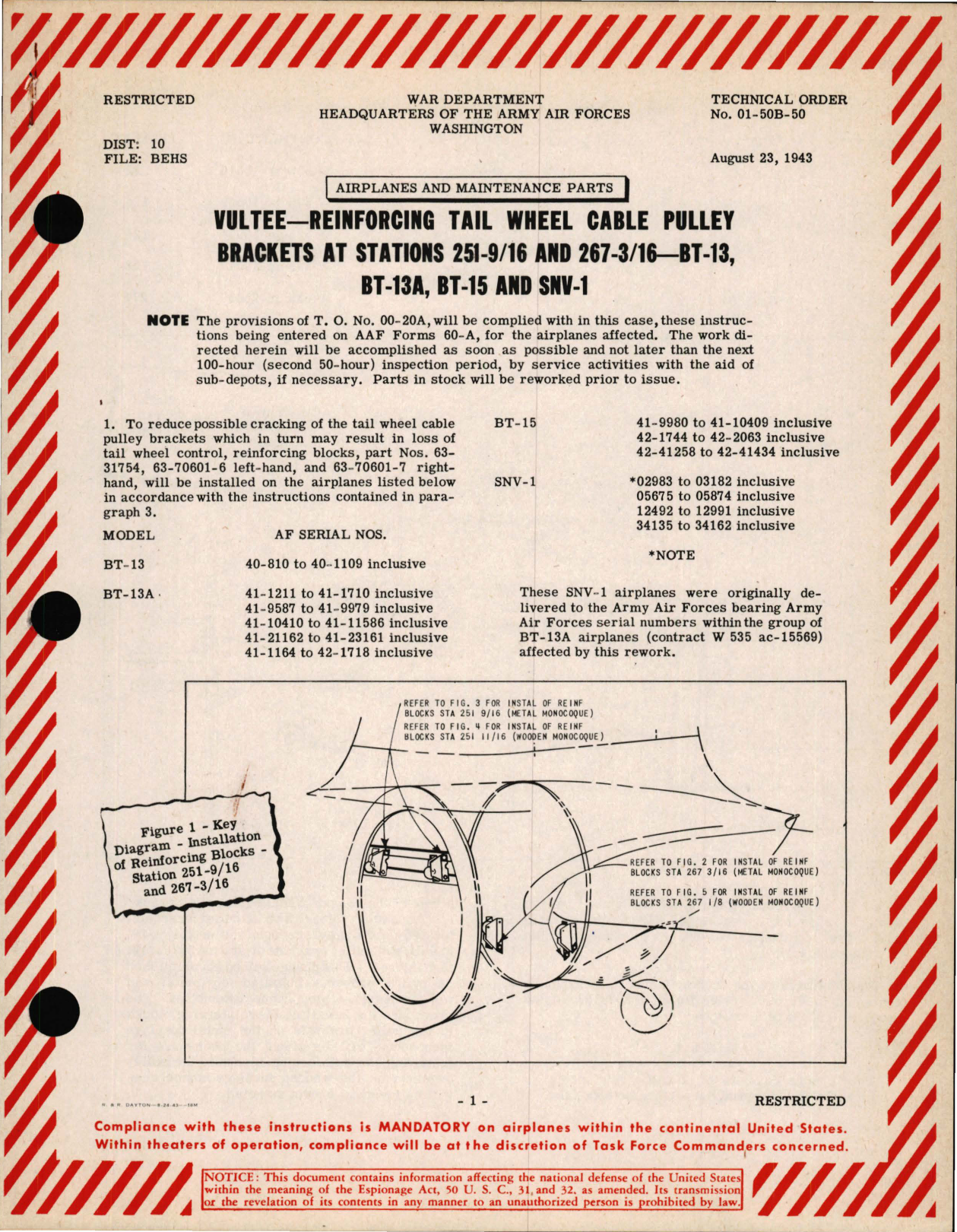 Sample page 1 from AirCorps Library document: Vultee - Reinforcing Tail Wheel Cable Pulley Brackets  at Stations 251-9,16 and 267-3,16 - BT-13, BT-13A, BT-15 and SNV-1